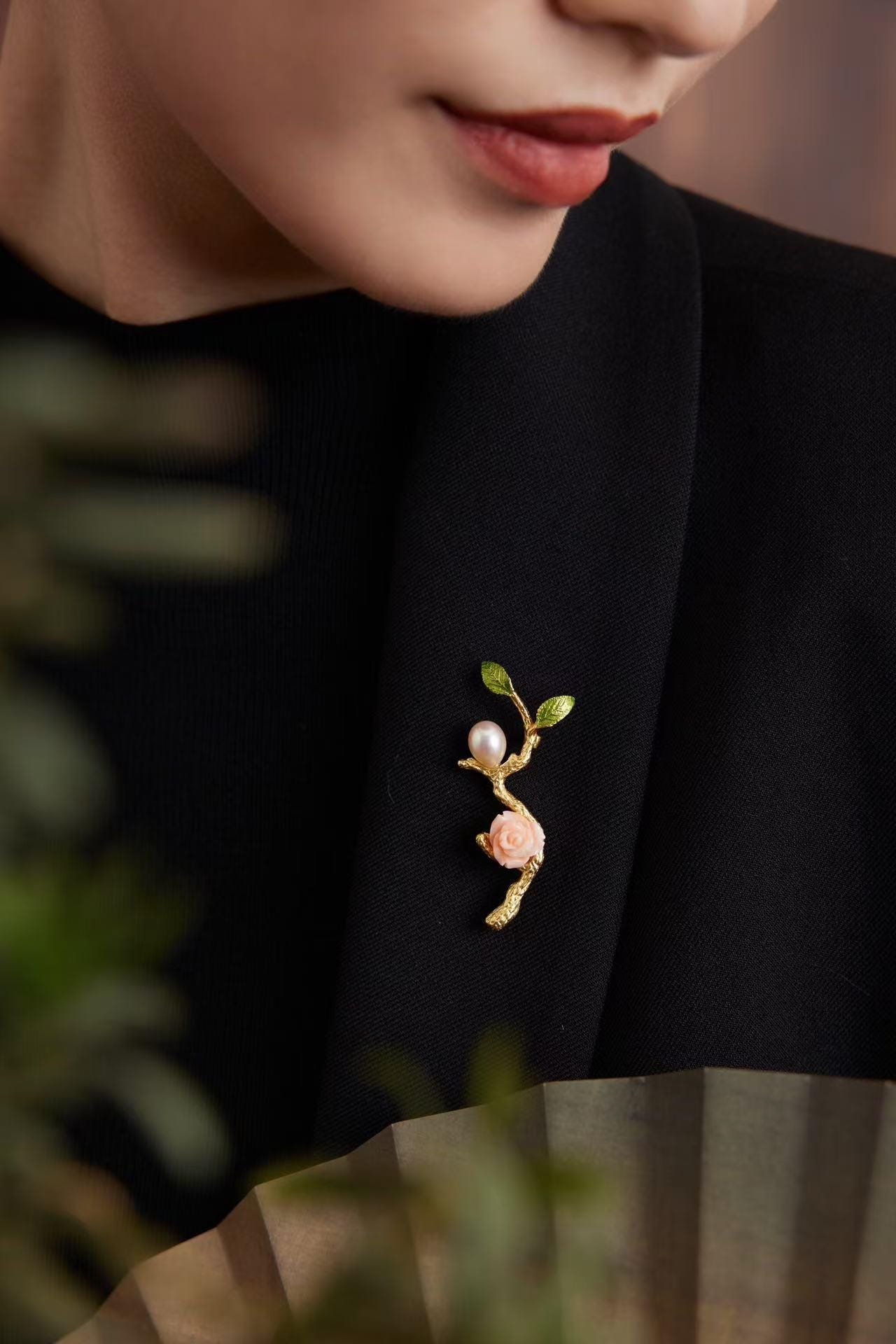 Morado Coral Rose Pearl Brooch, Gold Plated Copper Branch Pin, Vintage Floral Brooch