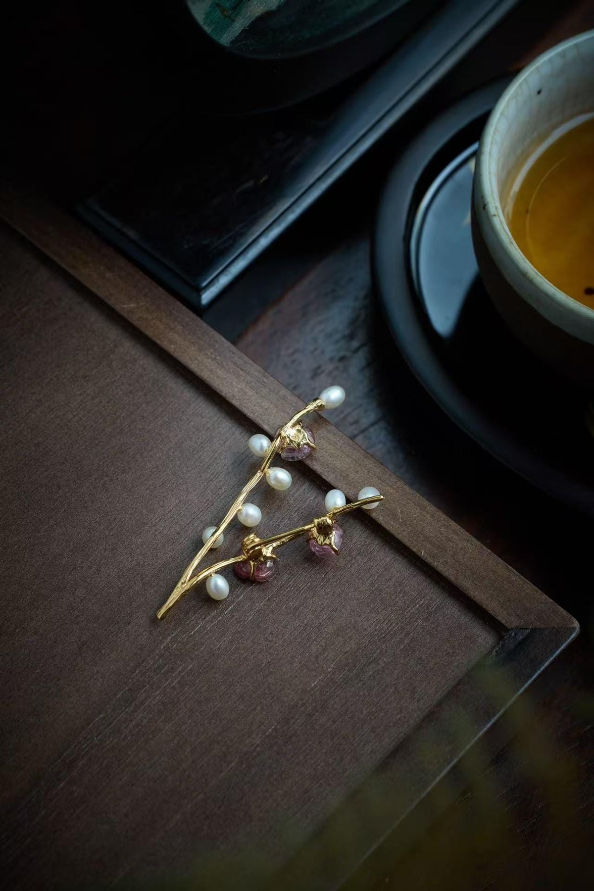 Morado Rose Quartz Heart Brooch, Pearl Blossom Jewelry, Copper-Gold Vines, Multi-wear design