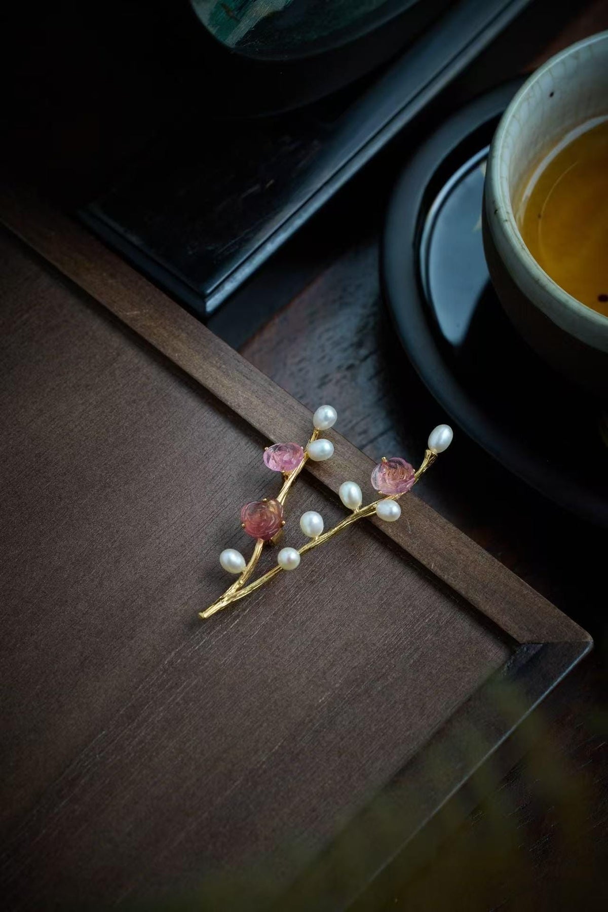 Morado Rose Quartz Heart Brooch, Pearl Blossom Jewelry, Copper-Gold Vines, Multi-wear design