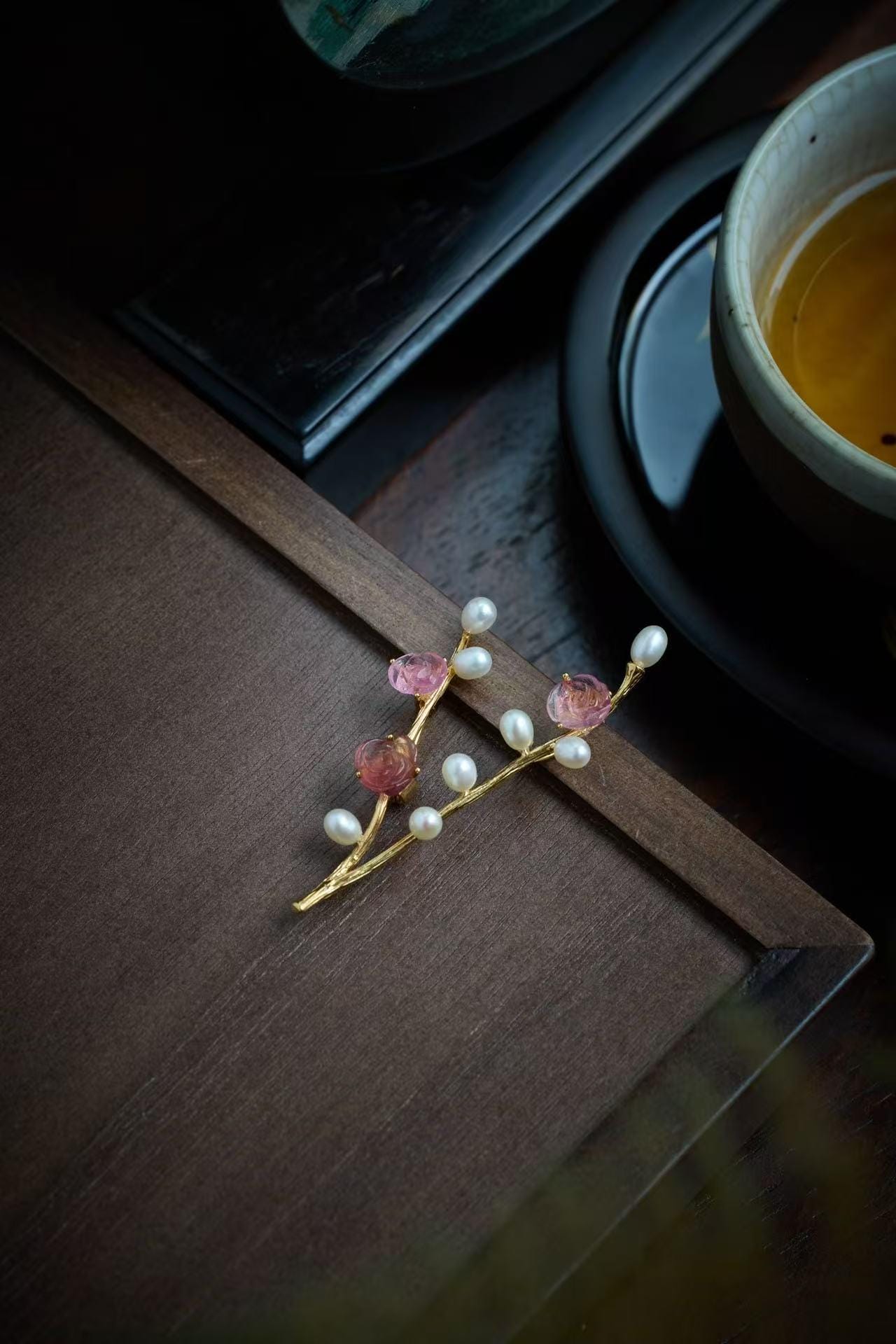 Morado Rose Quartz Heart Brooch, Pearl Blossom Jewelry, Copper-Gold Vines, Multi-wear design