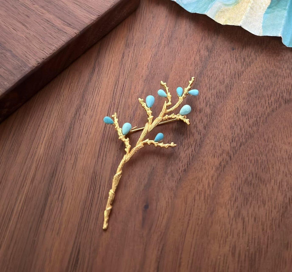 Morado Handmade Gold Plated Turquoise Flower Brooch, Nature Lapel Pin, Multi-wear design