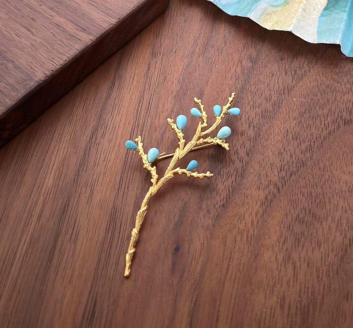 Morado Handmade Gold Plated Turquoise Flower Brooch, Nature Lapel Pin, Multi-wear design