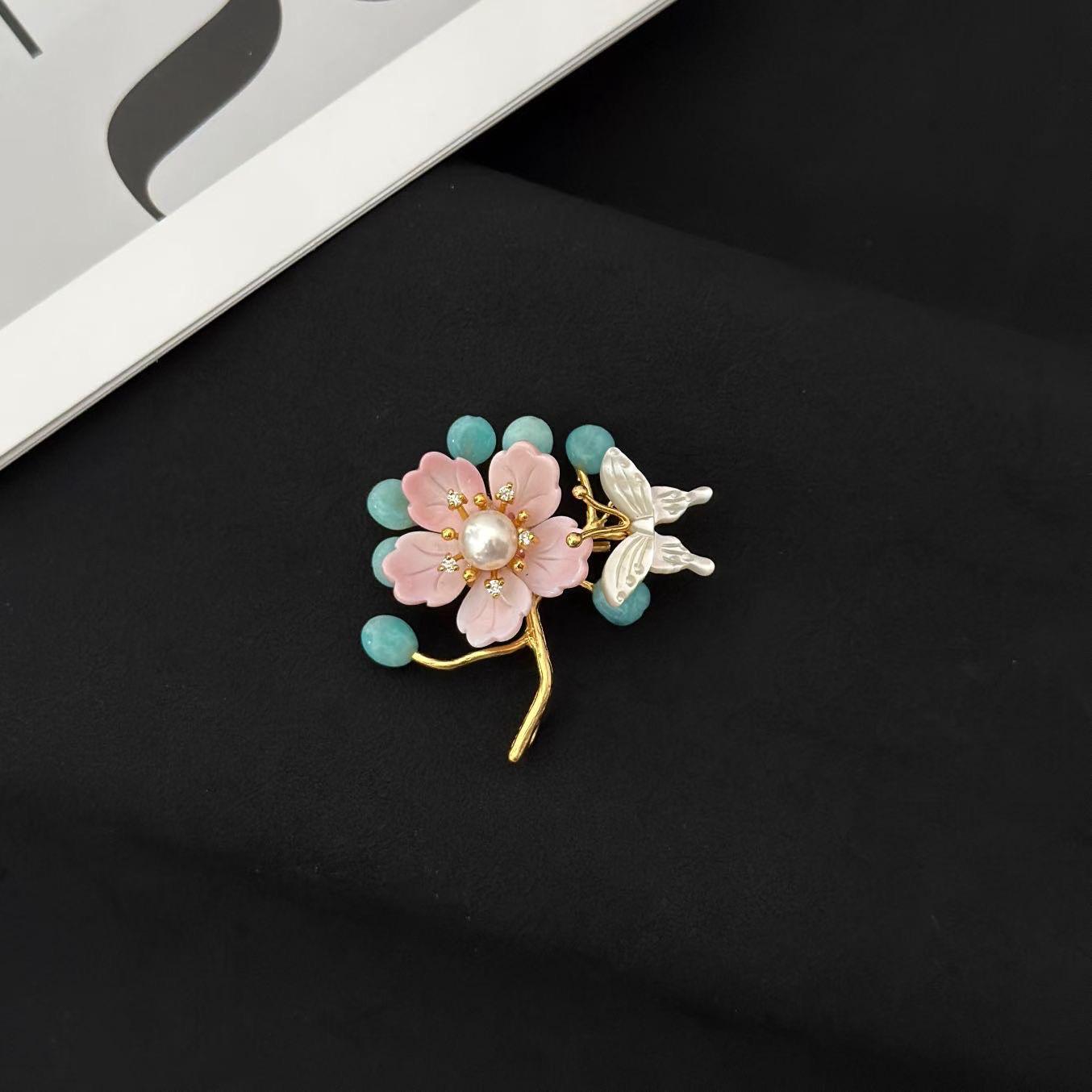 Morado Handmade Gold Plated Amazonite Flower Brooch, Pearl Butterfly Pin, Multi-Wear Pin