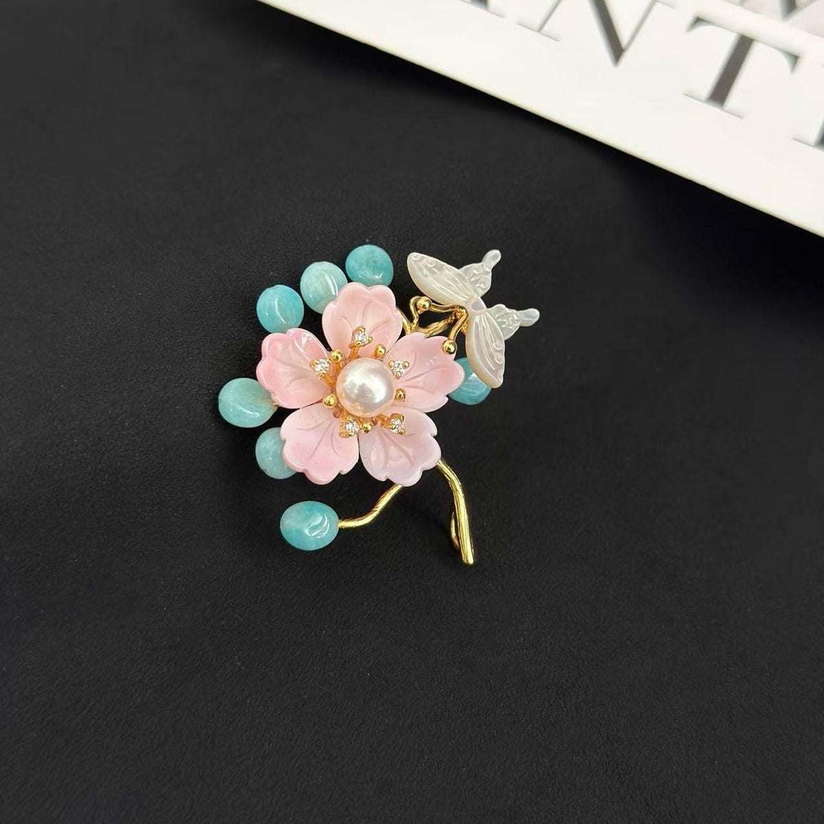 Morado Handmade Gold Plated Amazonite Flower Brooch, Pearl Butterfly Pin, Multi-Wear Pin