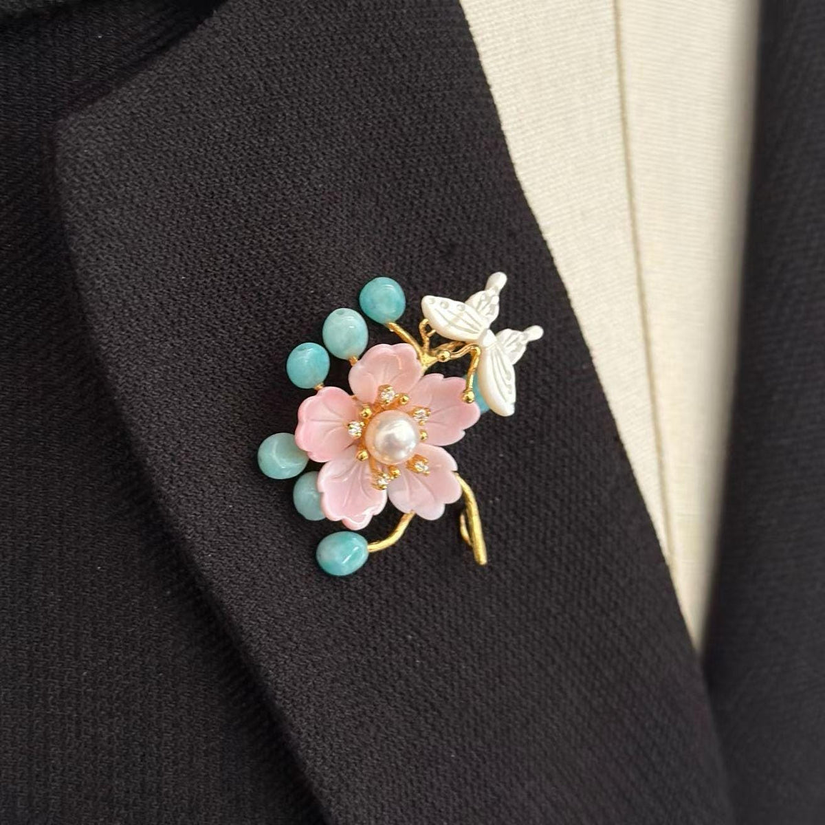 Morado Handmade Gold Plated Amazonite Flower Brooch, Pearl Butterfly Pin, Multi-Wear Pin