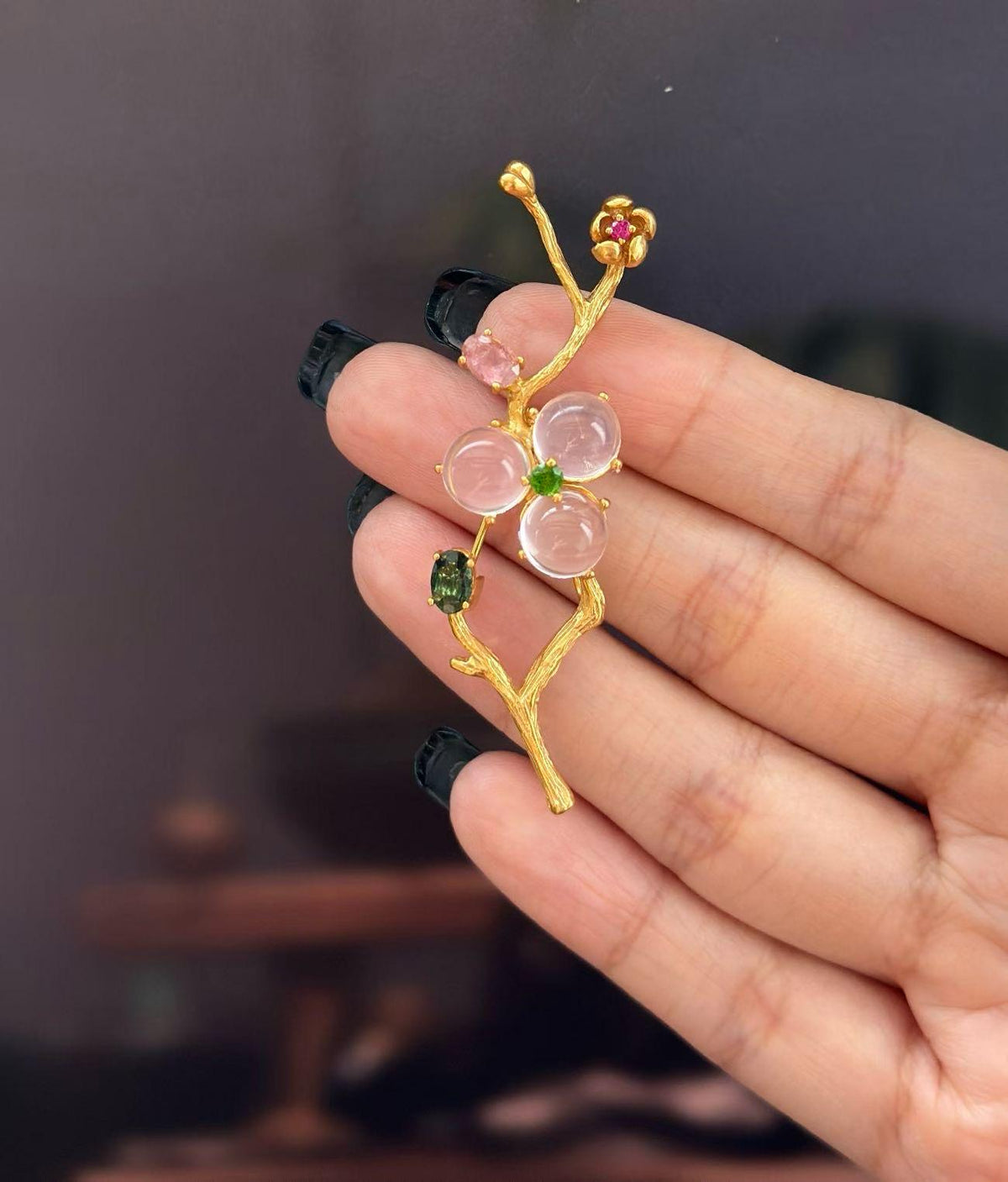 Morado Rose Quartz Blossom Brooch • Gold Plated Sterling Silver, Oriental Art, Multi-Wear Pin