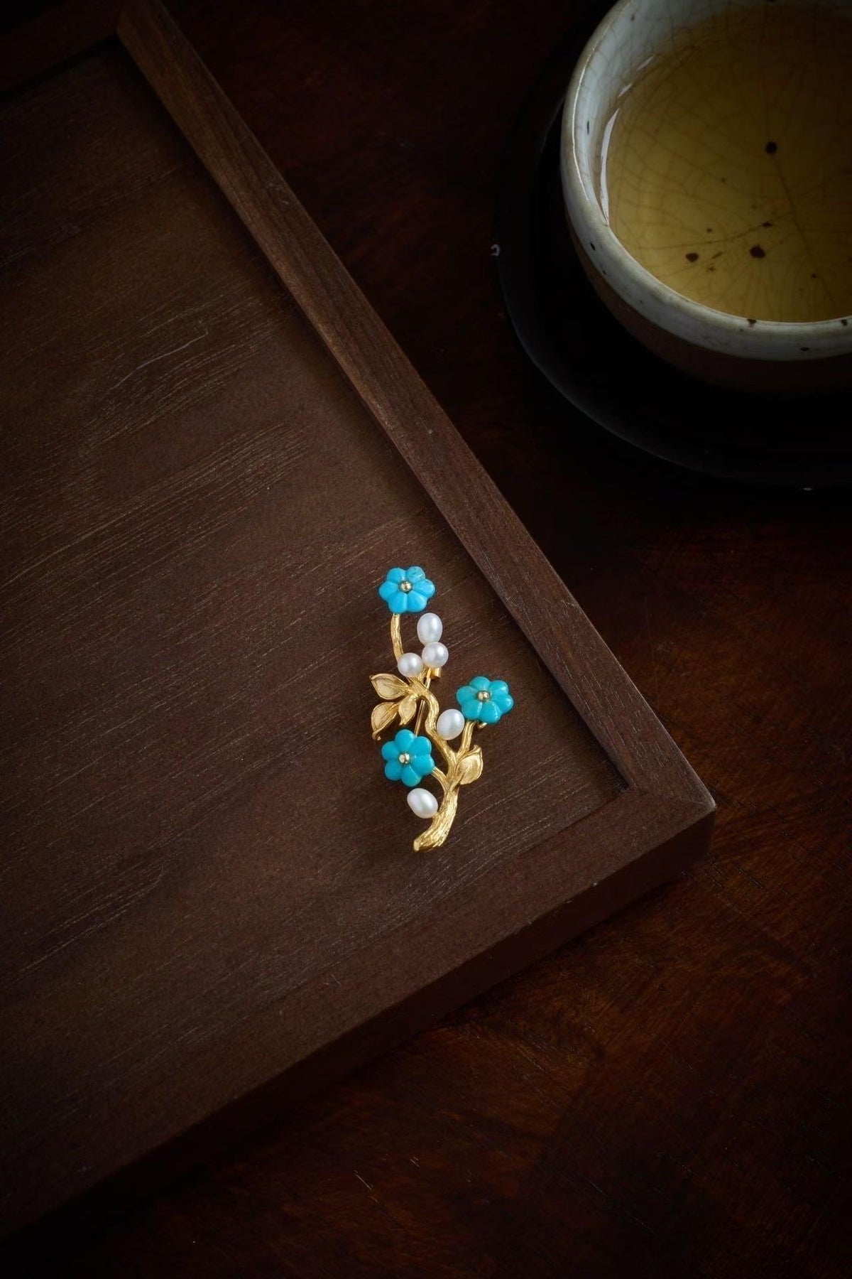 Morado Hand-Carved Turquoise Blossom Brooch, 24K Gold-Plated Sterling Silver, Freshwater Pearls