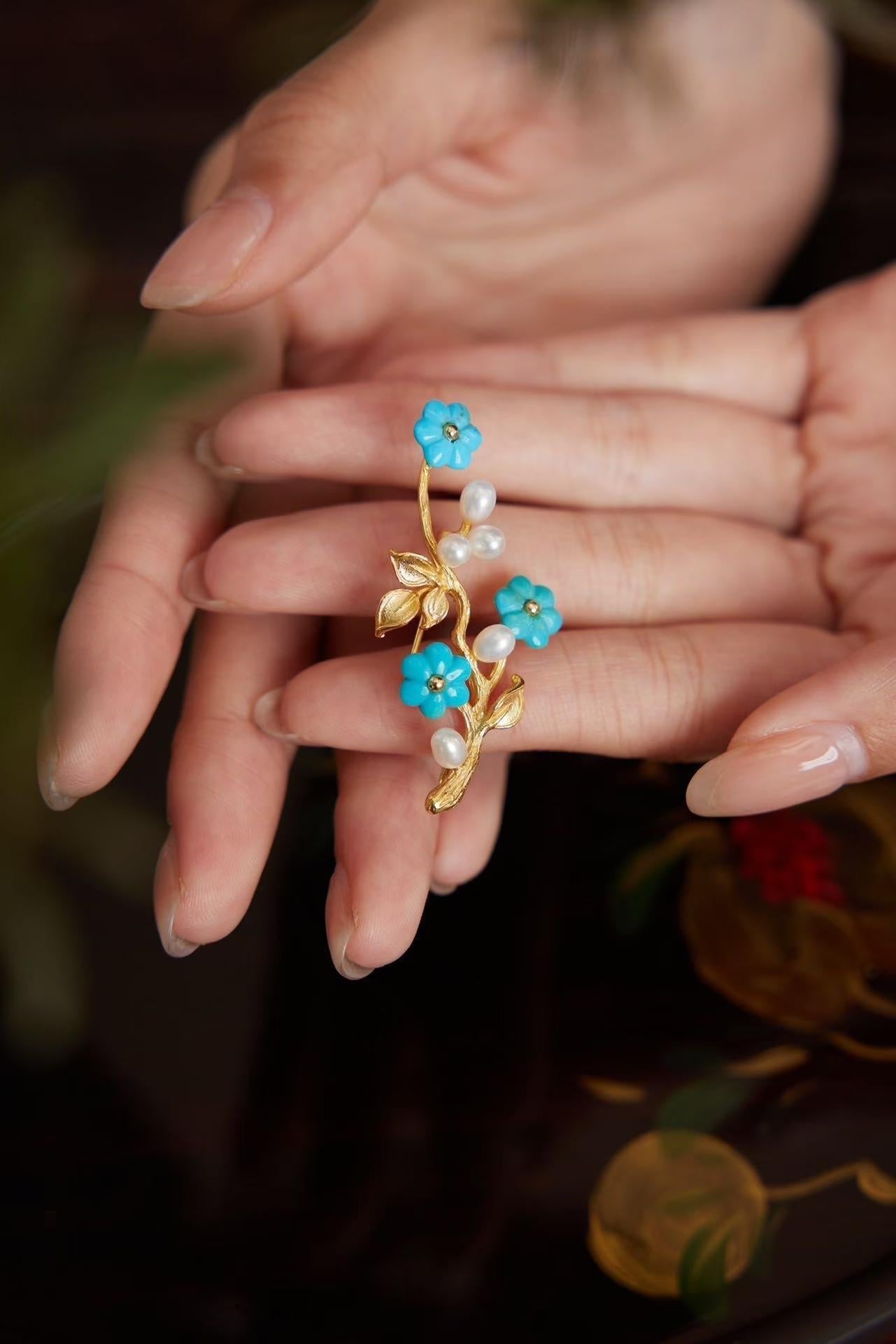 Morado Hand-Carved Turquoise Blossom Brooch | 18K Gold-Plated Sterling Silver, Freshwater Pearls, Multi-Wear Pin