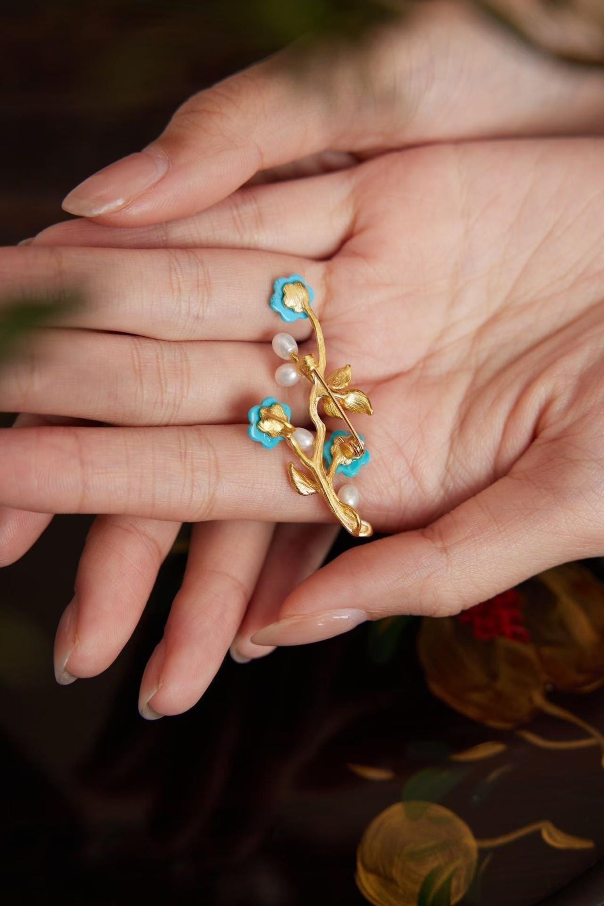Morado Hand-Carved Turquoise Blossom Brooch, 24K Gold-Plated Sterling Silver, Freshwater Pearls