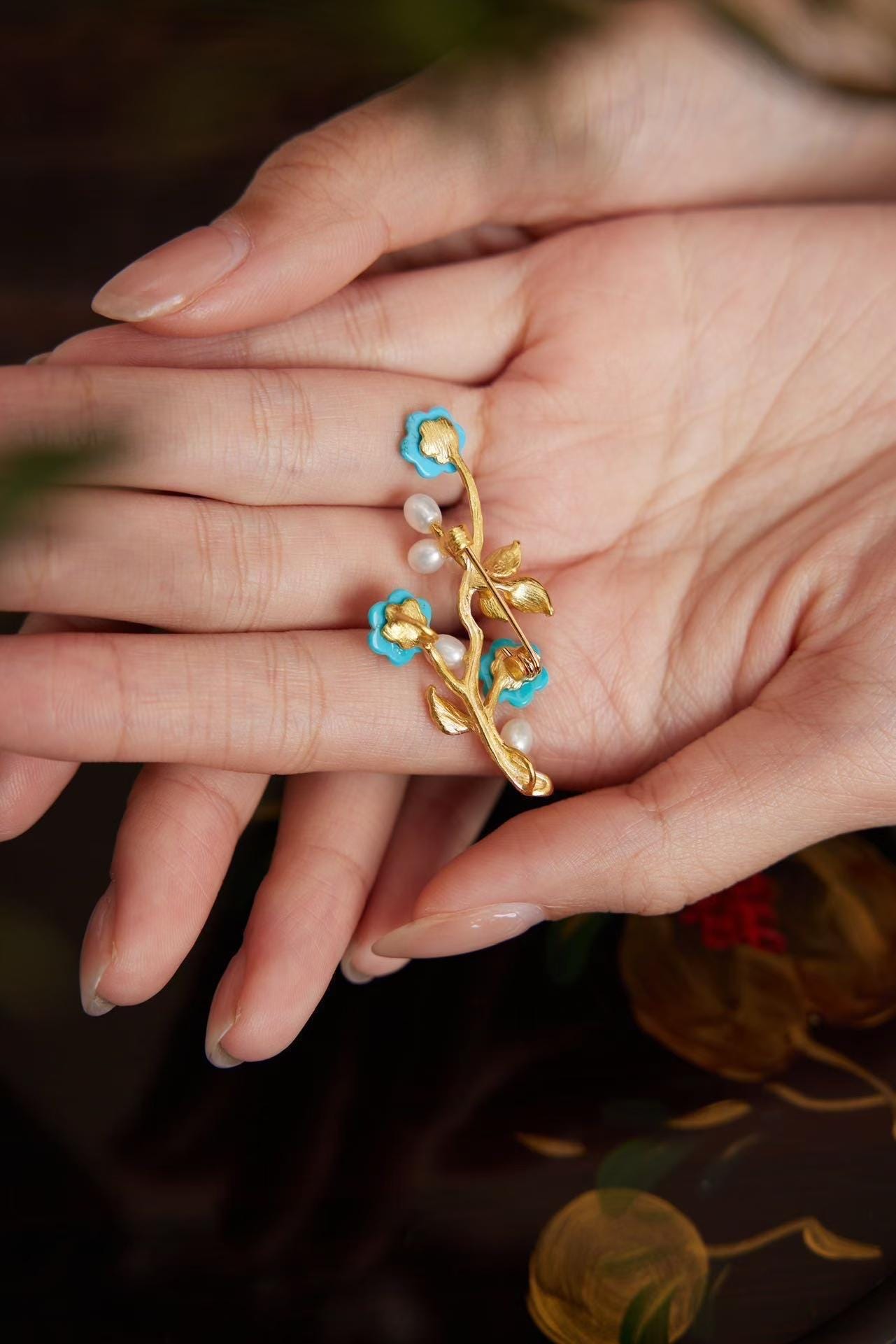 Morado Hand-Carved Turquoise Blossom Brooch, 24K Gold-Plated Sterling Silver, Freshwater Pearls