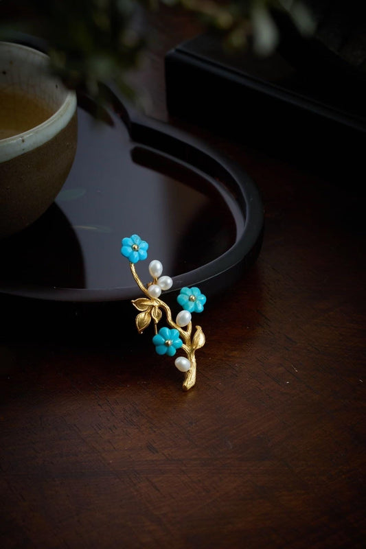 Morado Hand-Carved Turquoise Blossom Brooch, 24K Gold-Plated Sterling Silver, Freshwater Pearls