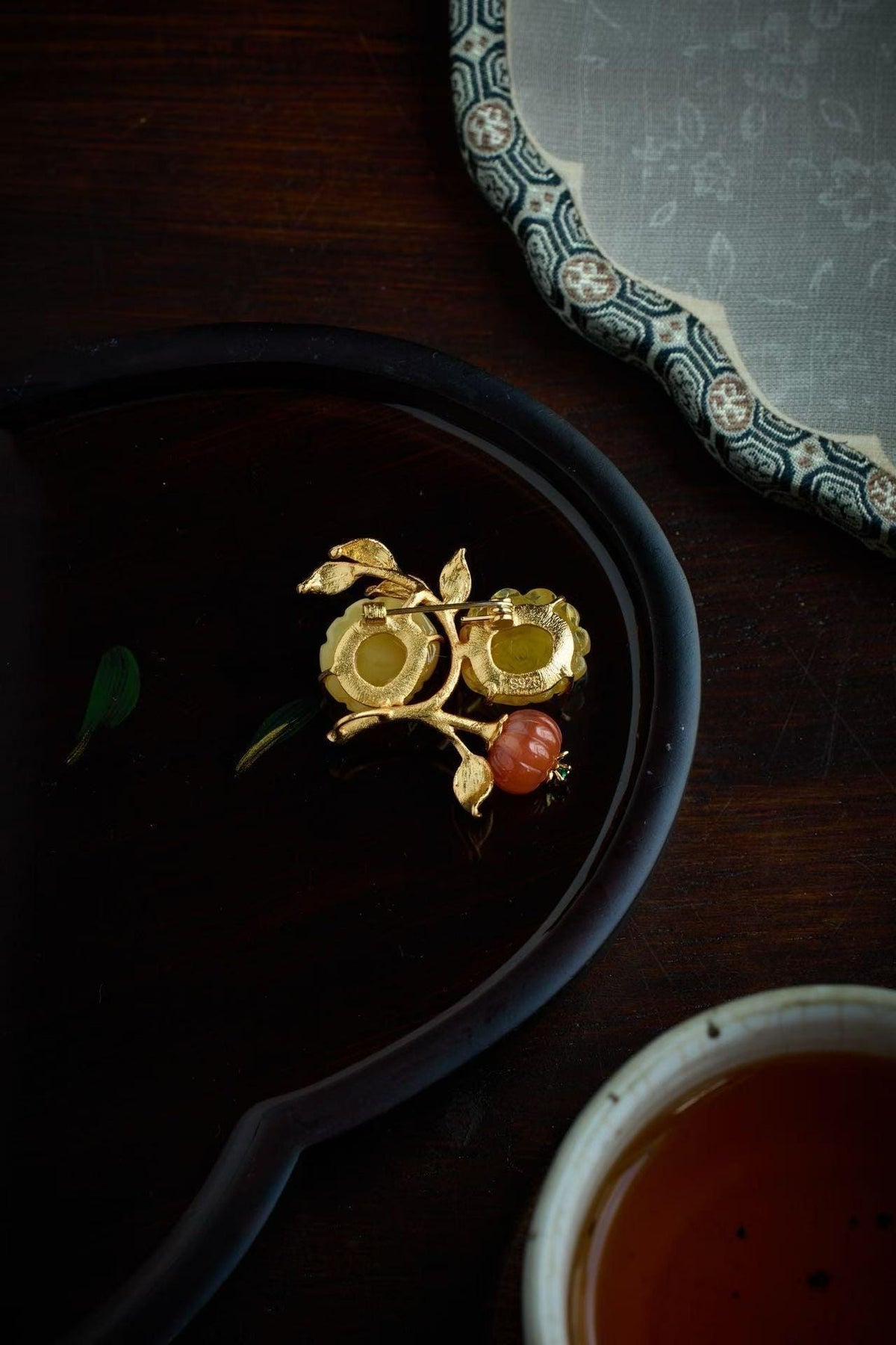 Morado Hand Carved Amber Flower Brooch • Gold Plated Silver, Botanical Art, Multi-wear design