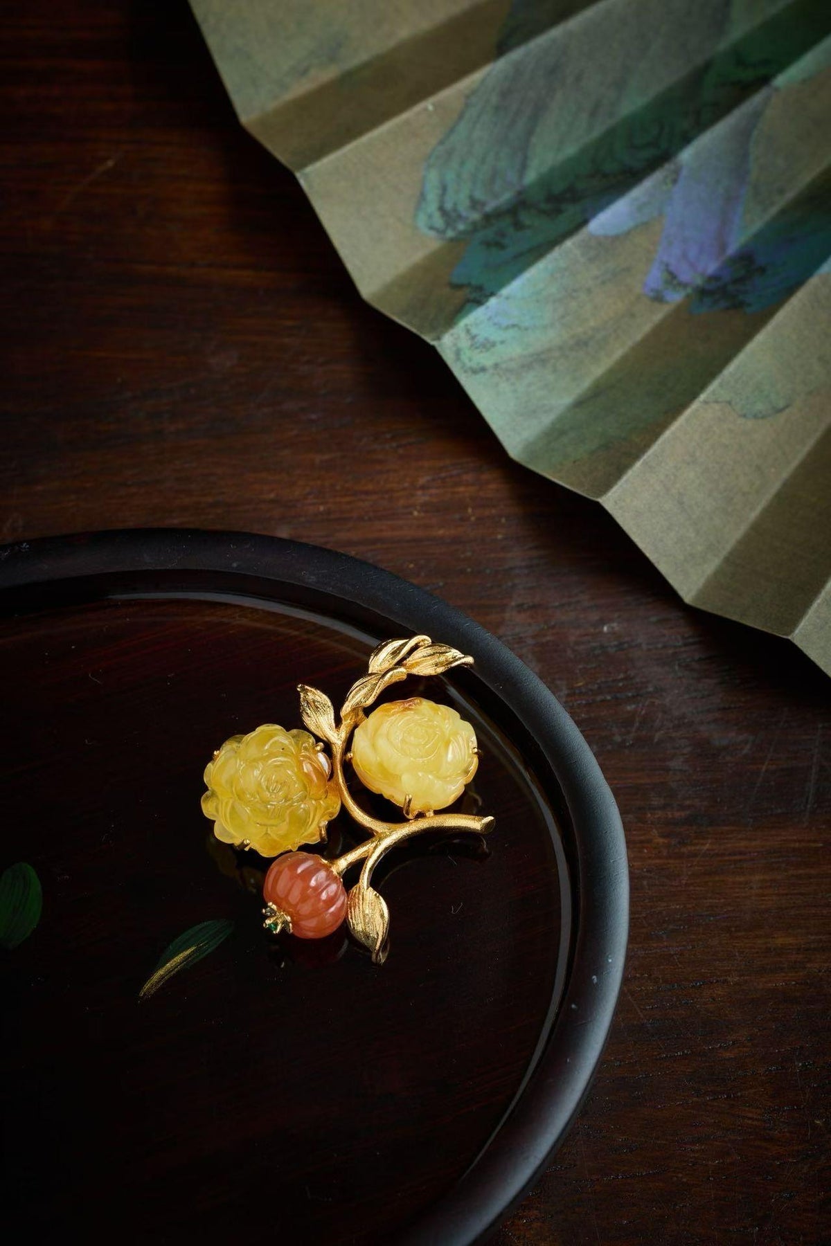 Morado Hand Carved Amber Flower Brooch • Gold Plated Silver, Botanical Art, Multi-wear design