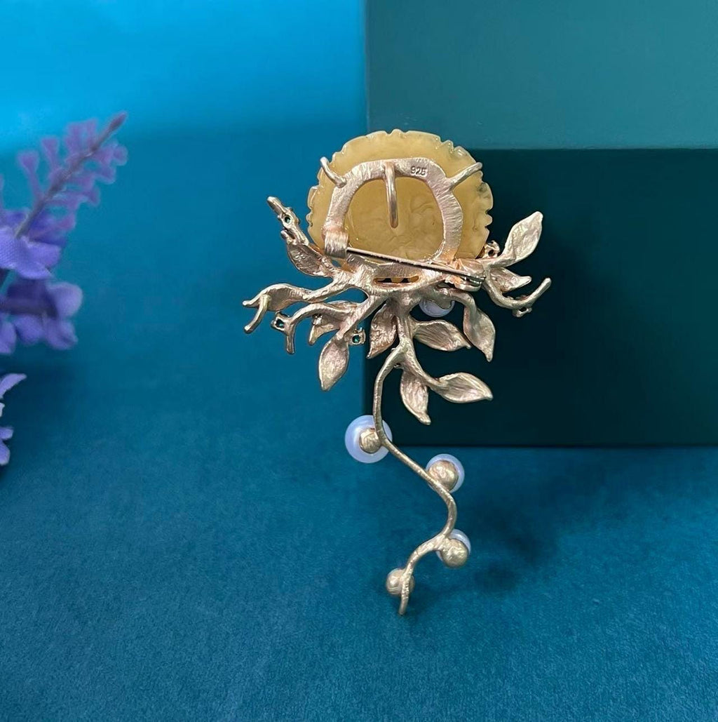 Morado Hand-Carved Amber Peony Brooch, Gold-Plated Sterling Silver Floral Pin, Multi-wear design