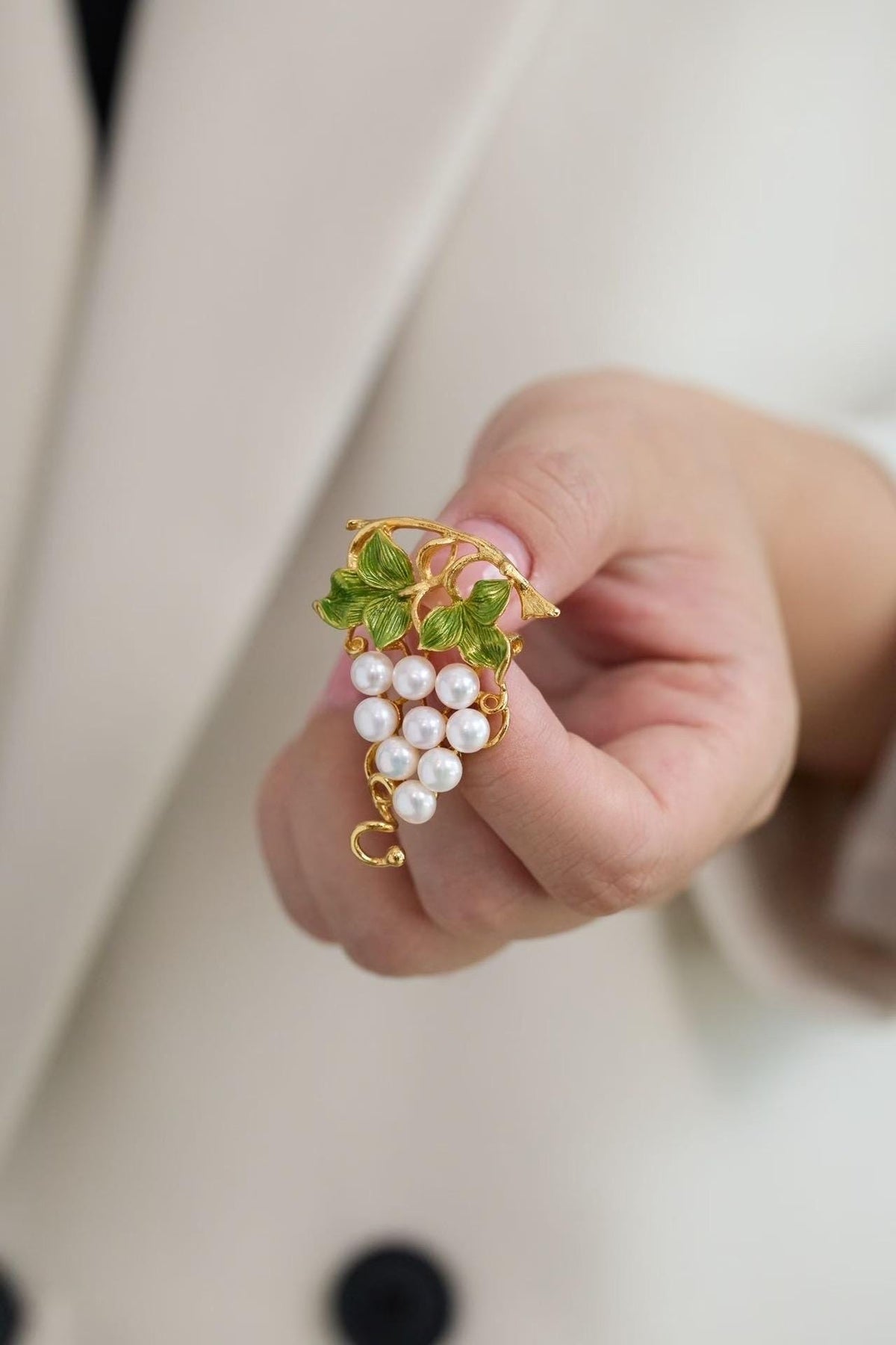 Morado Hand-Carved Pearl Grape Brooch • 18K Gold Plated Sterling Silver, Multi-wear design