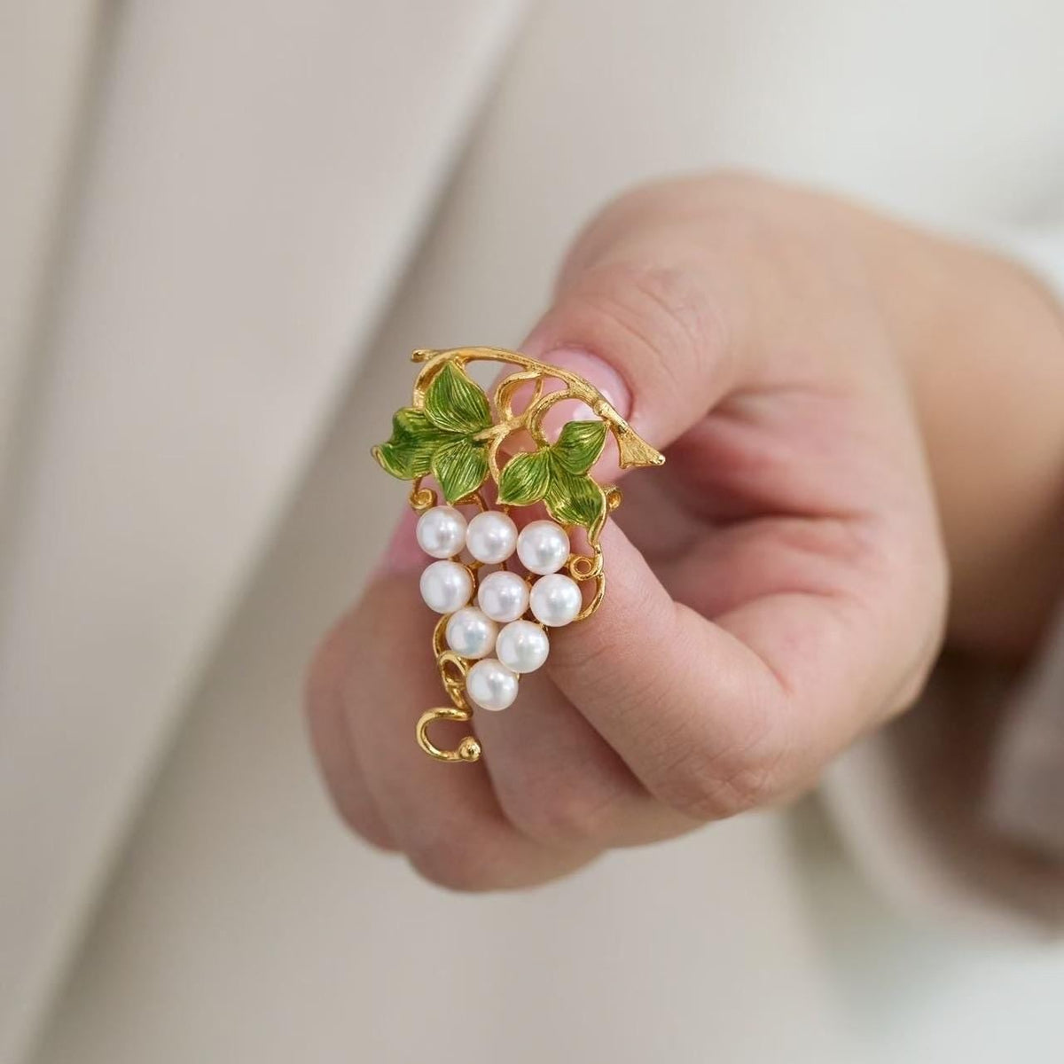 Morado Hand-Carved Pearl Grape Brooch, Gold Plated Sterling Silver, Multi-wear design