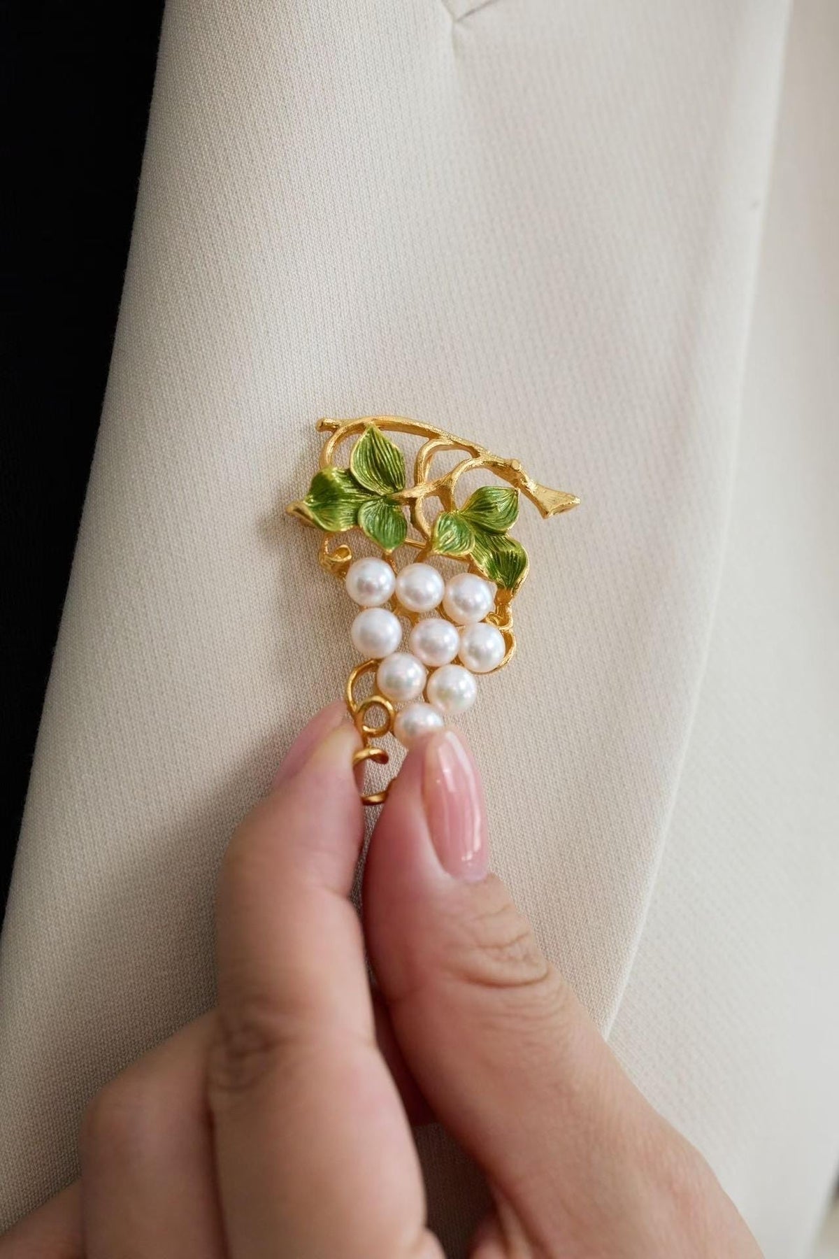 Morado Hand-Carved Pearl Grape Brooch • 18K Gold Plated Sterling Silver, Multi-wear design