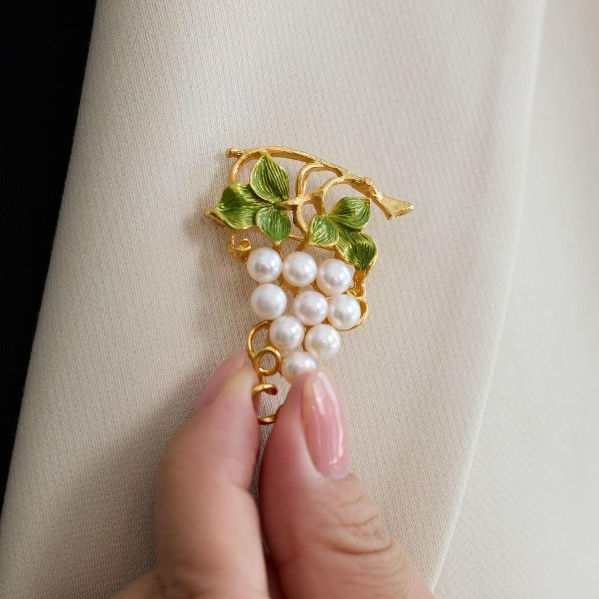 Morado Hand-Carved Pearl Grape Brooch, Gold Plated Sterling Silver, Multi-wear design