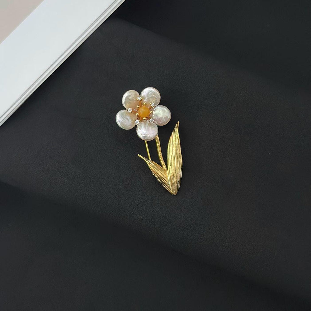 Morado Baroque Pearl Flower Brooch, Gold Plated Floral Lapel Pin, Multi-wear design