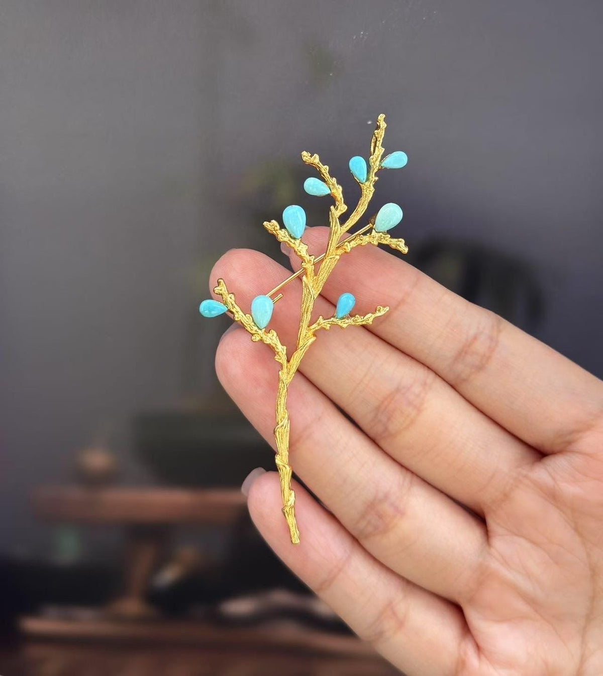 Morado Handmade Gold Plated Turquoise Flower Brooch, Nature Lapel Pin, Multi-wear design