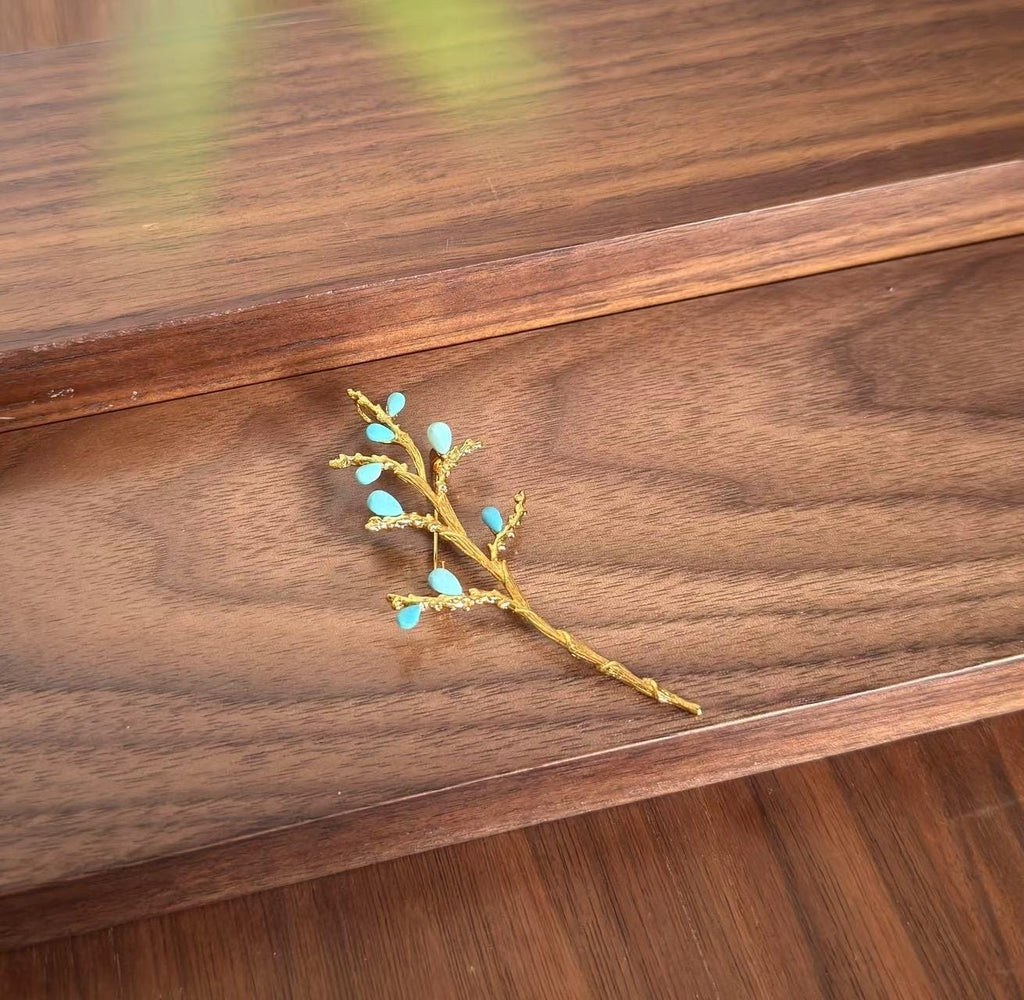Morado Handmade Gold Plated Turquoise Flower Brooch, Nature Lapel Pin, Multi-wear design