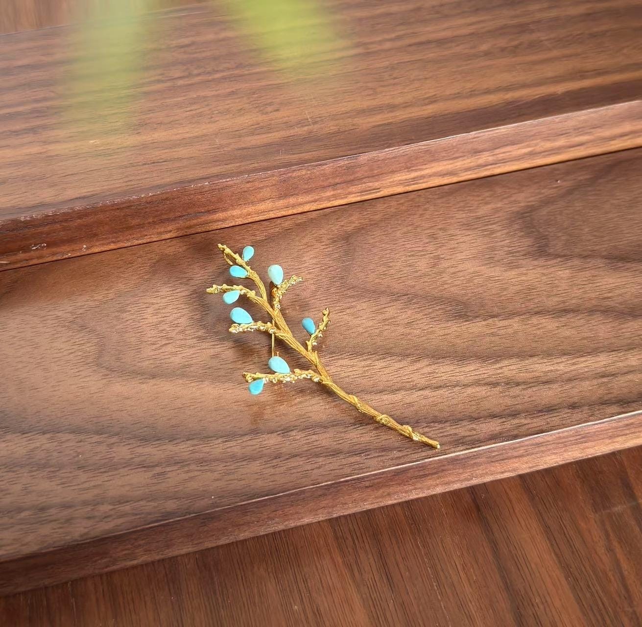 Morado Handmade Gold Plated Turquoise Flower Brooch, Nature Lapel Pin, Multi-wear design