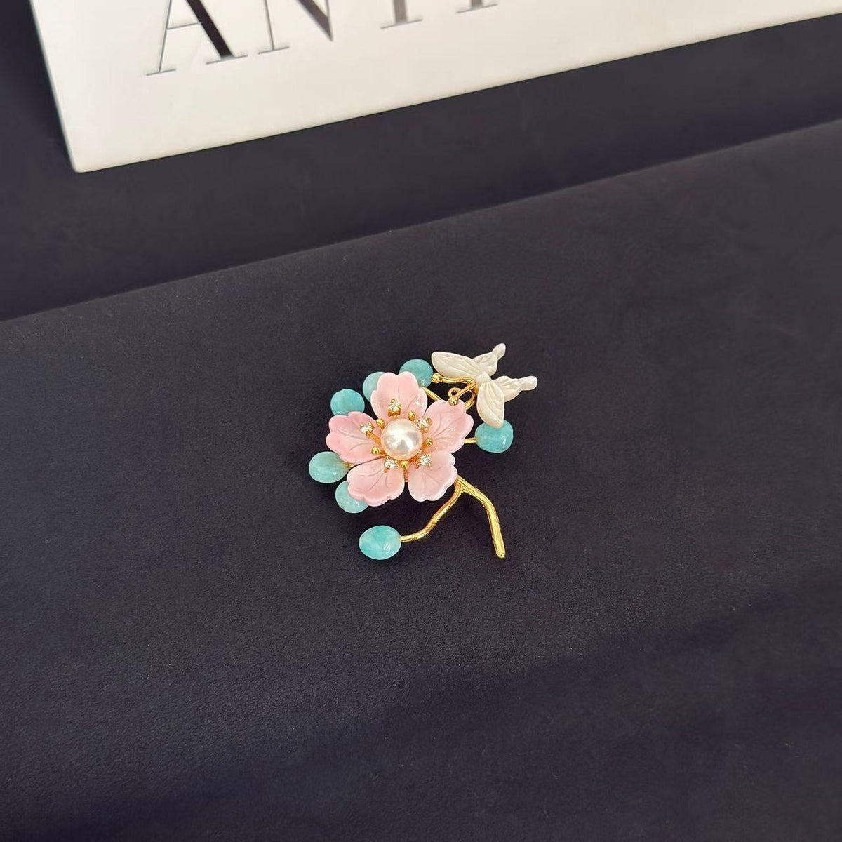 Morado Handmade Gold Plated Amazonite Flower Brooch, Pearl Butterfly Pin, Multi-Wear Pin
