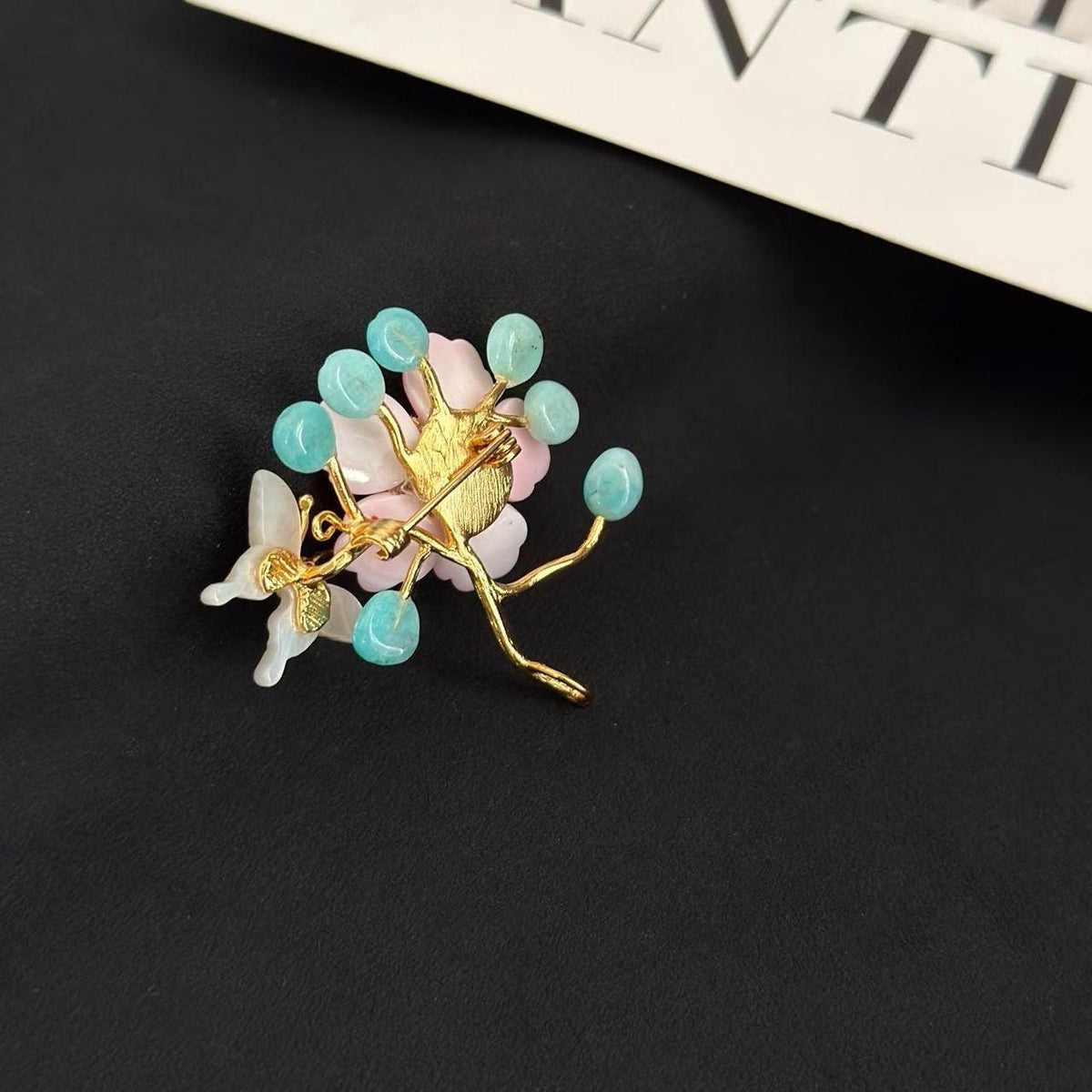 Morado Handmade Gold Plated Amazonite Flower Brooch, Pearl Butterfly Pin, Multi-Wear Pin