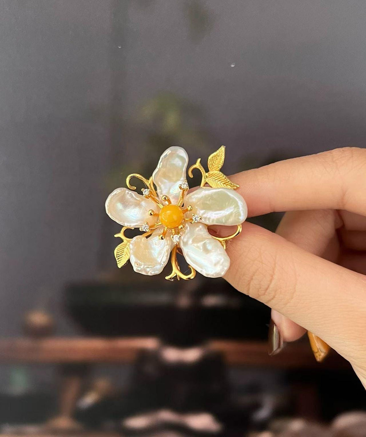 Morado Handcrafted Gold-Plated Baroque Pearl Flower Brooch, Multi-Wear Pin