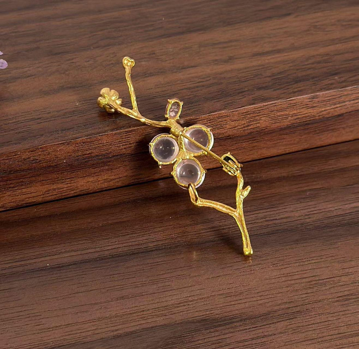 Morado Rose Quartz Blossom Brooch • Gold Plated Sterling Silver, Oriental Art, Multi-Wear Pin