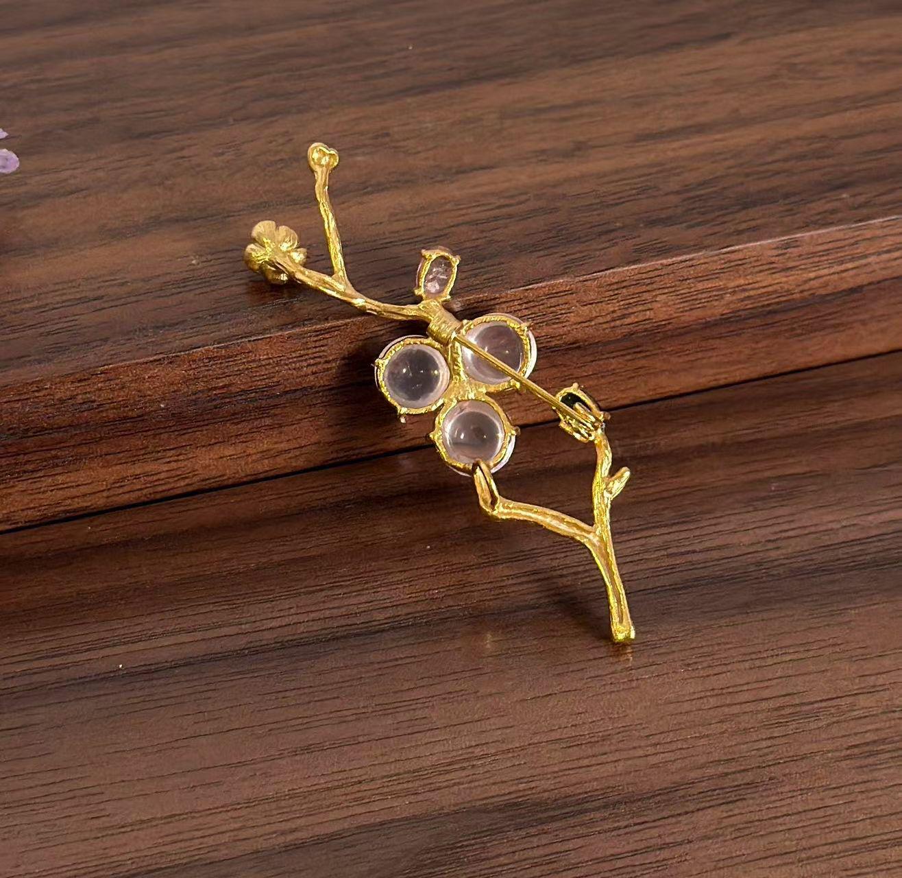 Morado Rose Quartz Blossom Brooch • Gold Plated Sterling Silver, Oriental Art, Multi-Wear Pin