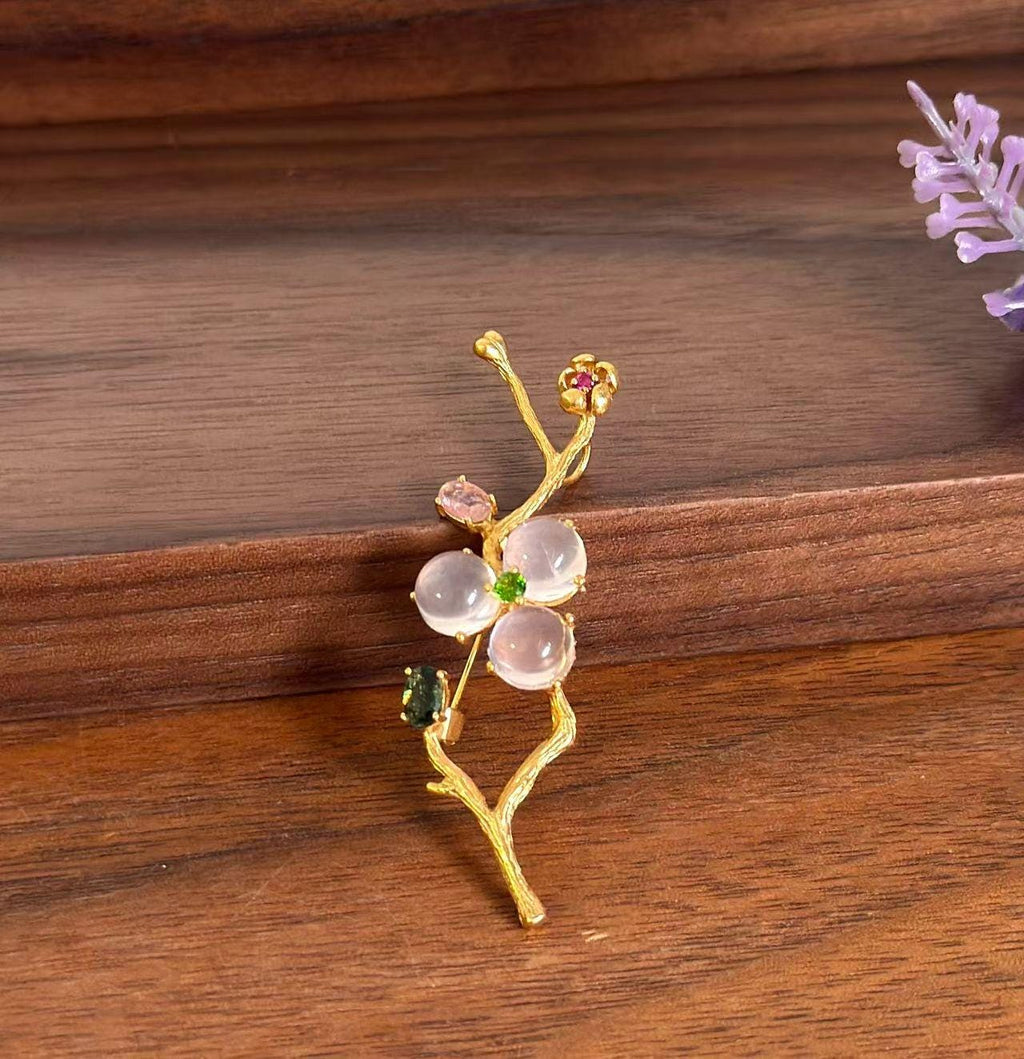 Morado Rose Quartz Blossom Brooch • Gold Plated Sterling Silver, Oriental Art, Multi-Wear Pin