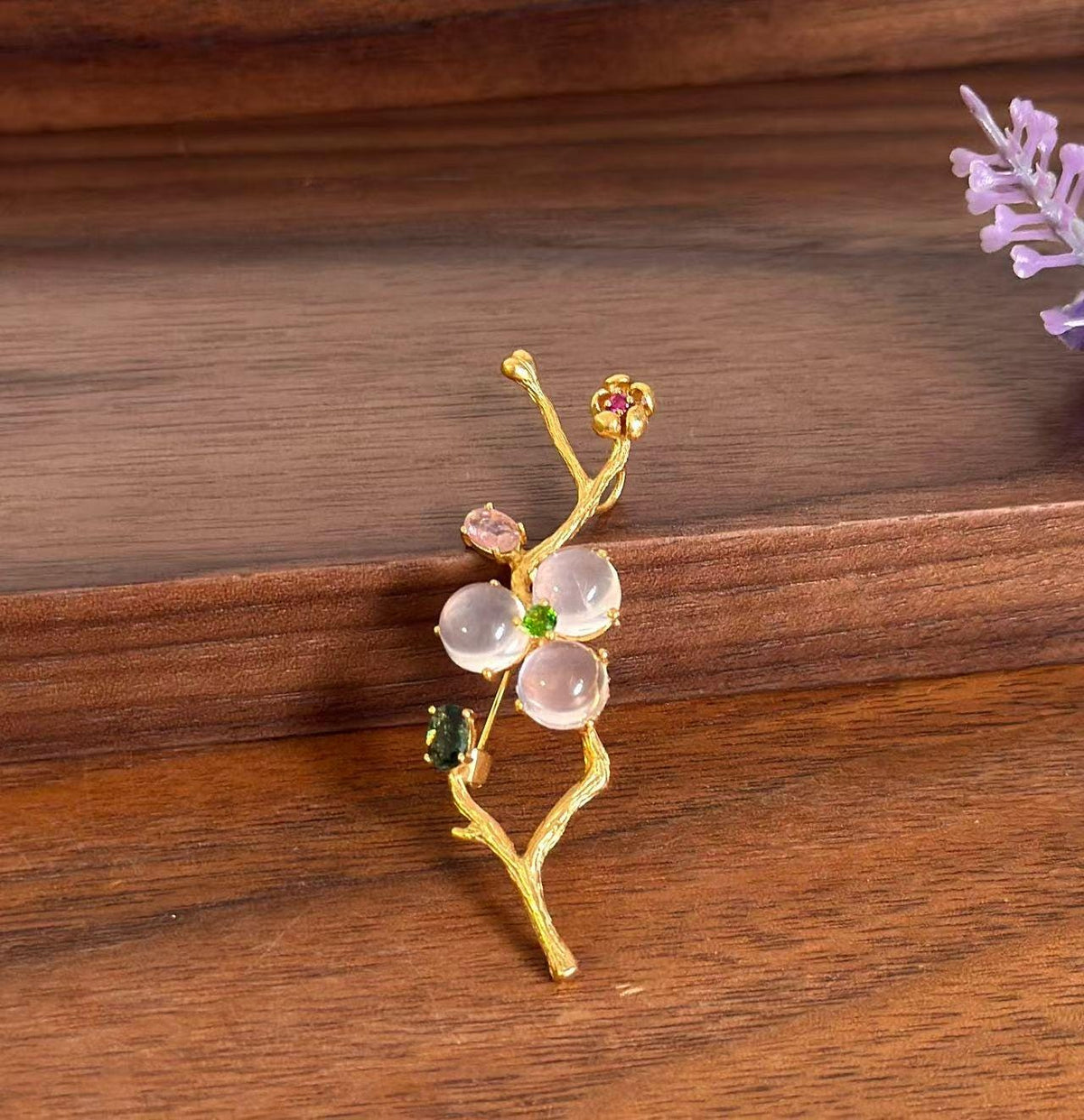 Morado Rose Quartz Blossom Brooch • Gold Plated Sterling Silver, Oriental Art, Multi-Wear Pin