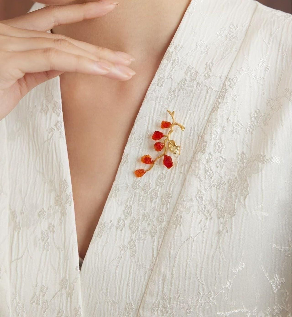 Morado Natural Fire Opal Branch Brooch, Handmade 925 Silver with Gold-Plated, Multi-Wear Pin