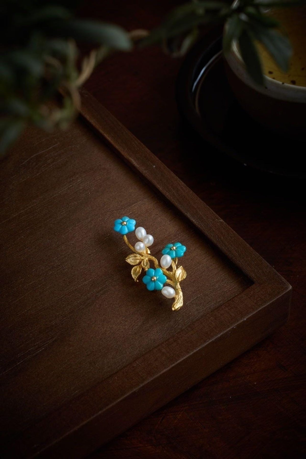 Morado Hand-Carved Turquoise Blossom Brooch, 24K Gold-Plated Sterling Silver, Freshwater Pearls