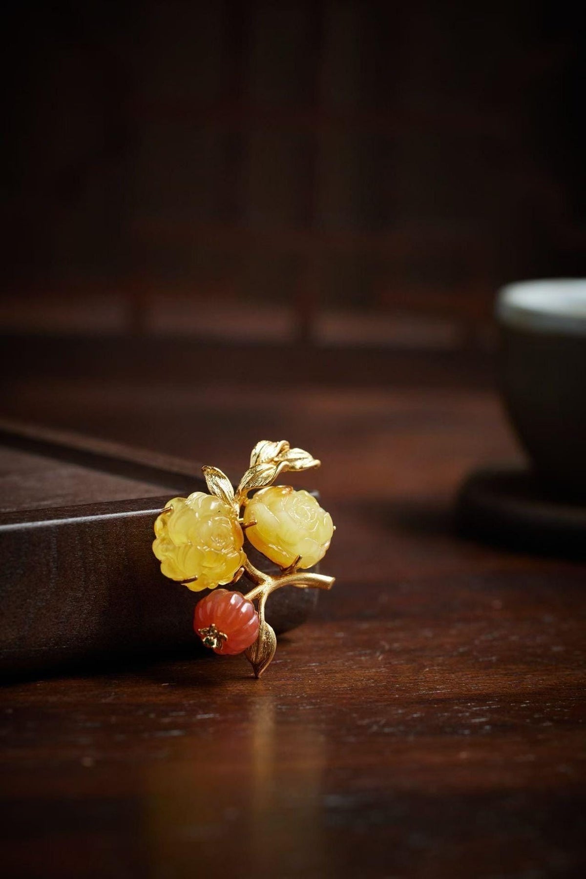Morado Hand Carved Amber Flower Brooch • Gold Plated Silver, Botanical Art, Multi-wear design