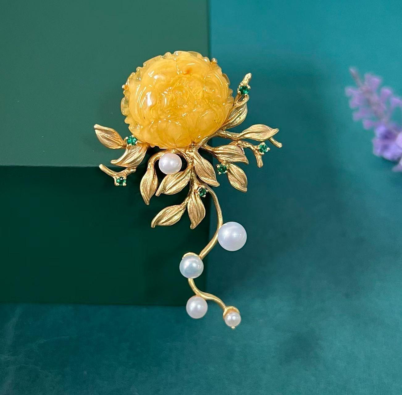Morado Hand-Carved Amber Peony Brooch, Gold-Plated Sterling Silver Floral Pin, Multi-wear design