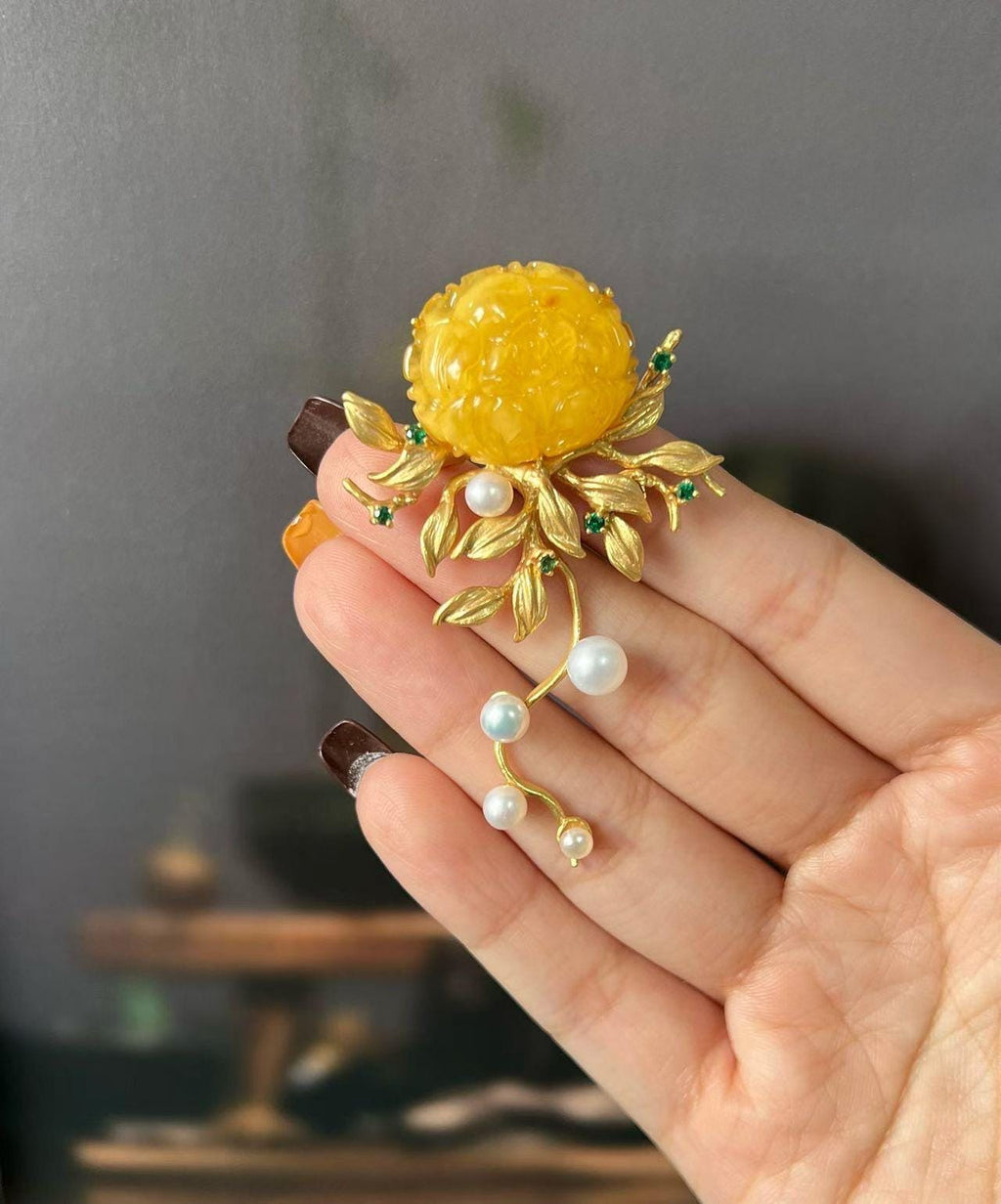 Morado Hand-Carved Amber Peony Brooch, Gold-Plated Sterling Silver Floral Pin, Multi-wear design
