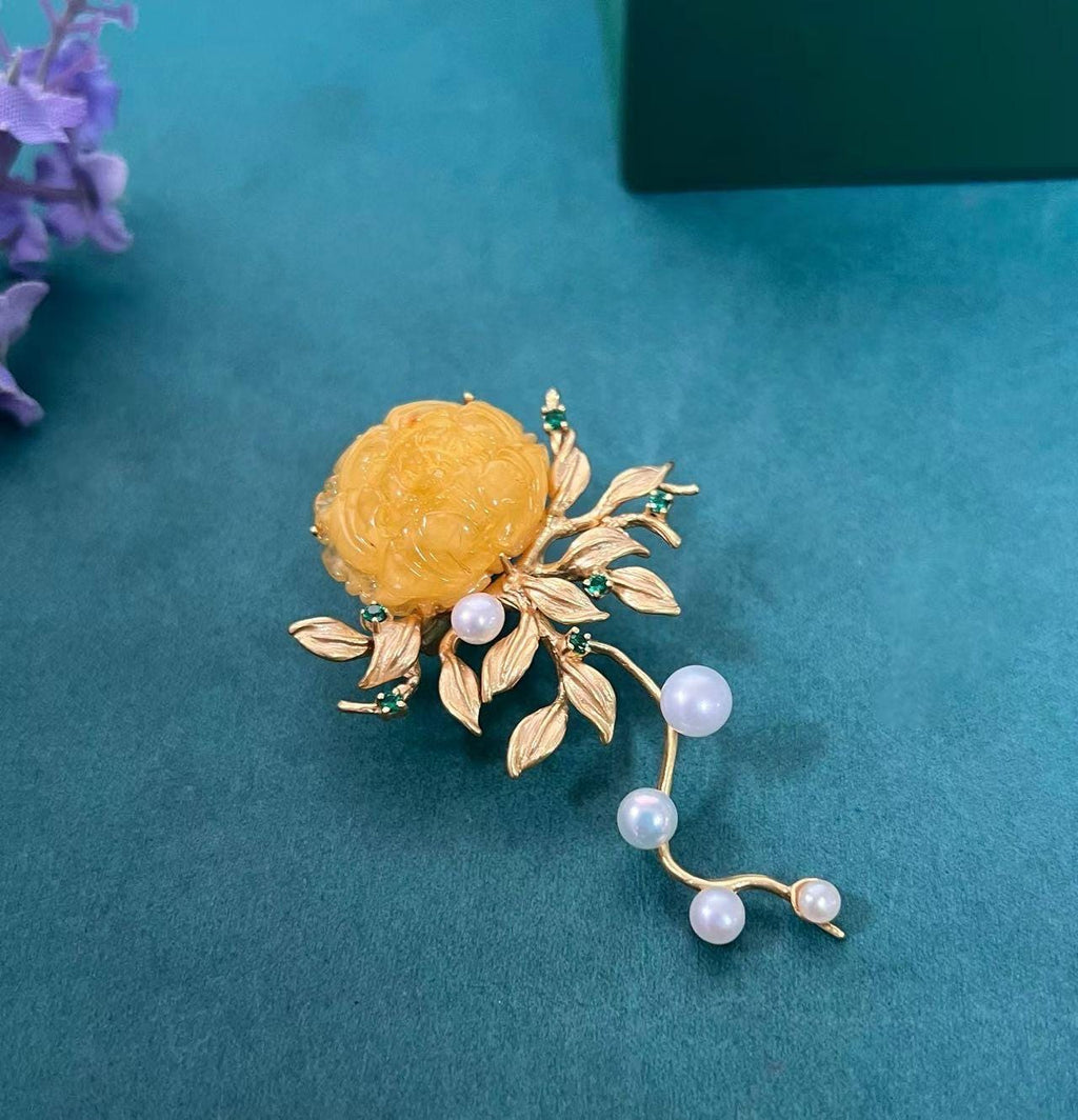 Morado Hand-Carved Amber Peony Brooch, Gold-Plated Sterling Silver Floral Pin, Multi-wear design