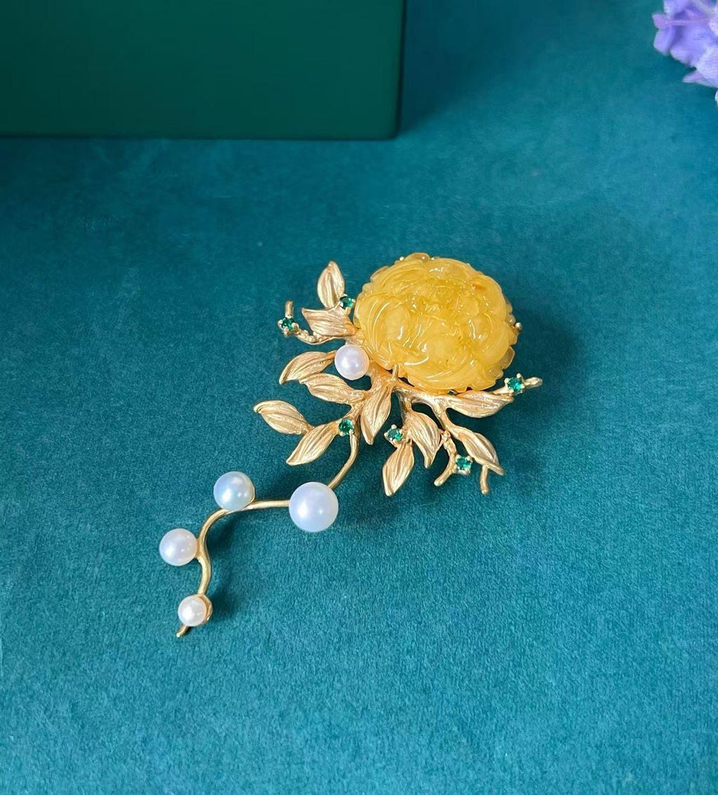 Morado Hand-Carved Amber Peony Brooch, Gold-Plated Sterling Silver Floral Pin, Multi-wear design