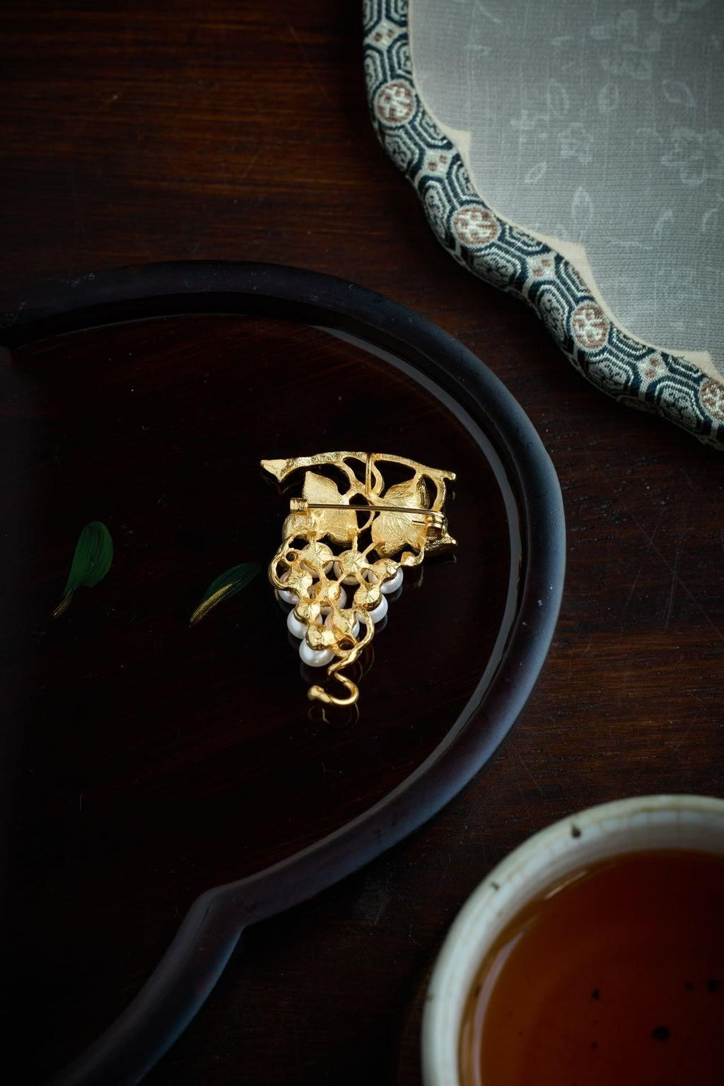 Morado Hand-Carved Pearl Grape Brooch, Gold Plated Sterling Silver, Multi-wear design
