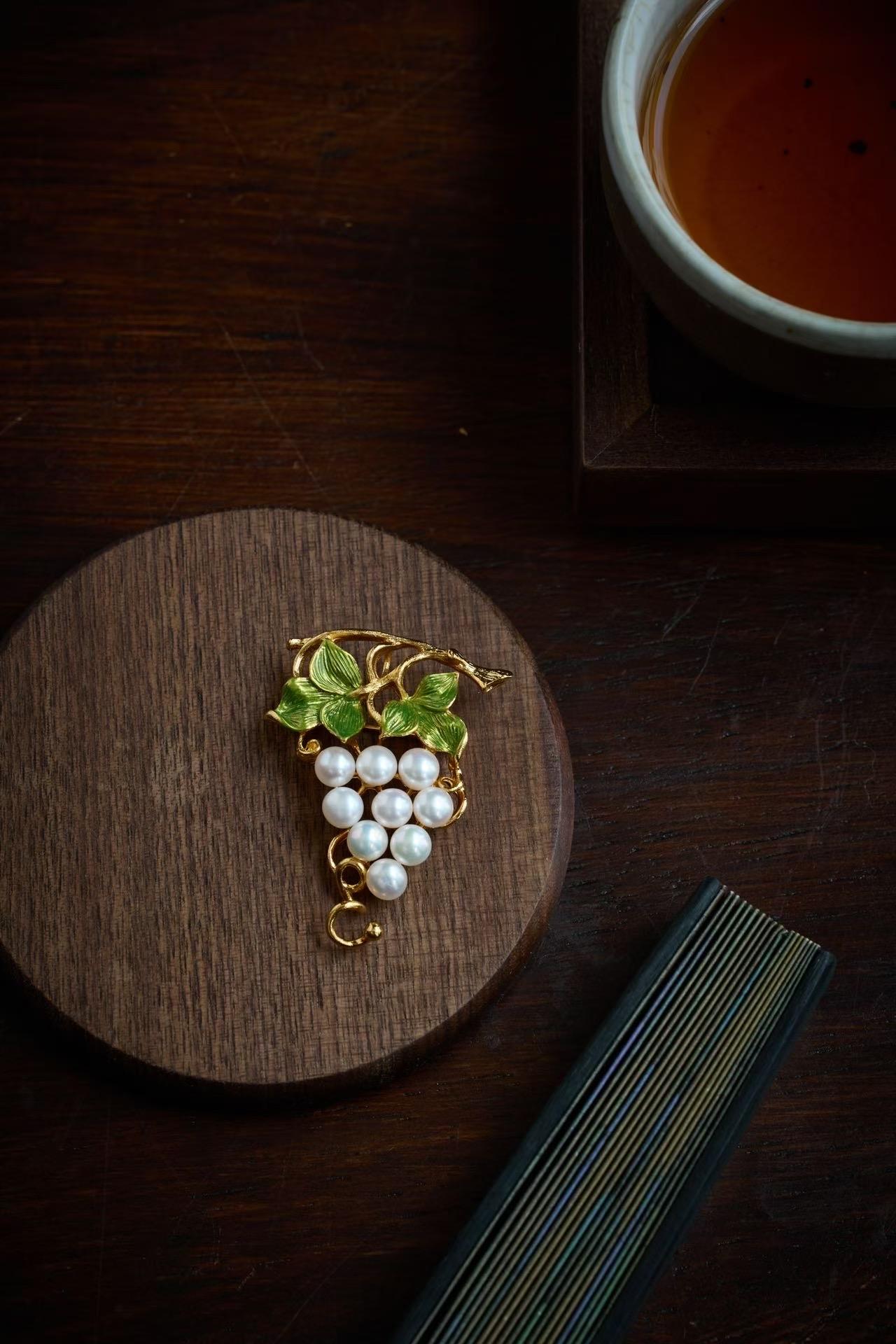 Morado Hand-Carved Pearl Grape Brooch, Gold Plated Sterling Silver, Multi-wear design