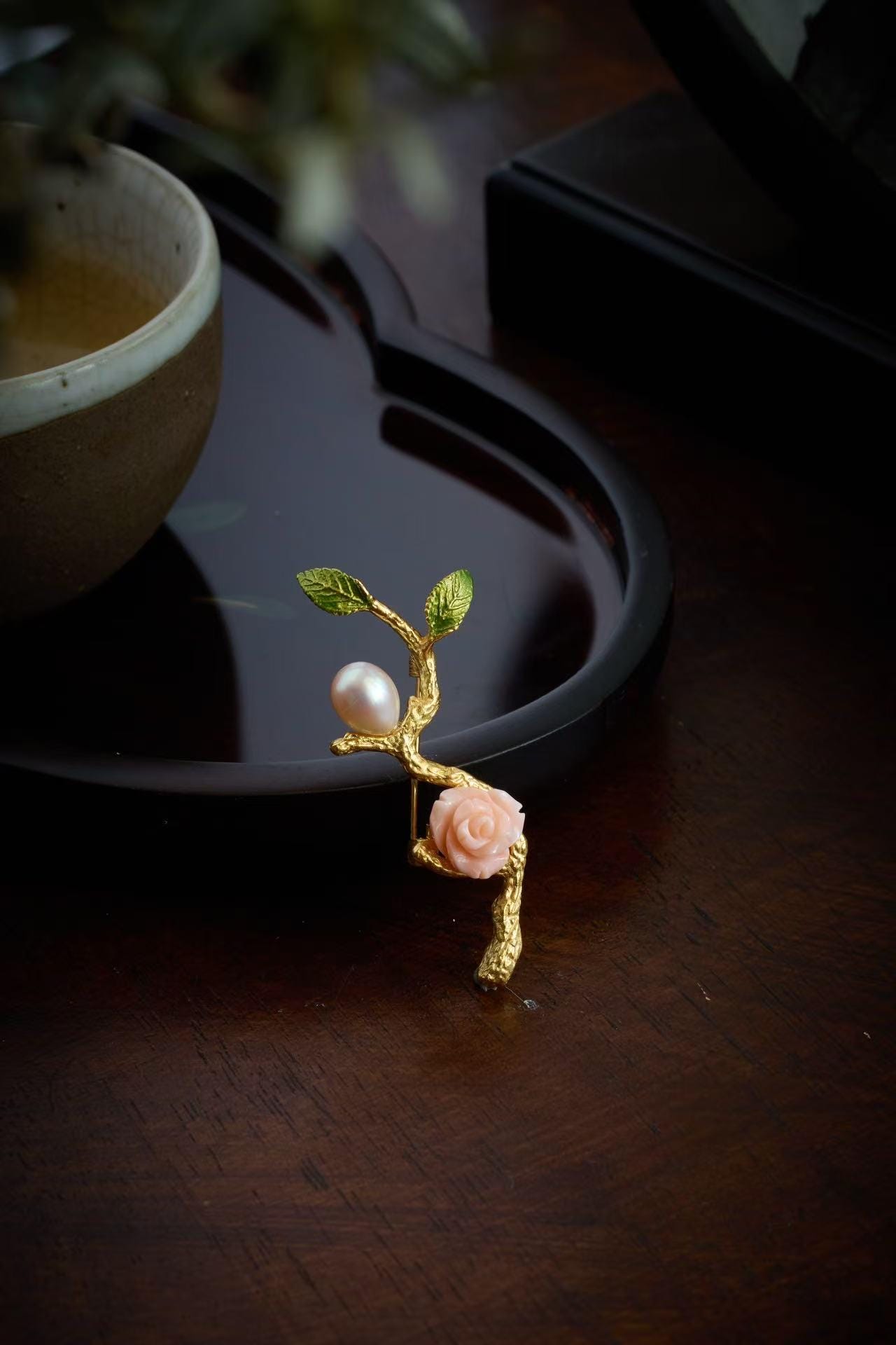 Morado Coral Rose Pearl Brooch, Gold Plated Copper Branch Pin, Vintage Floral Brooch