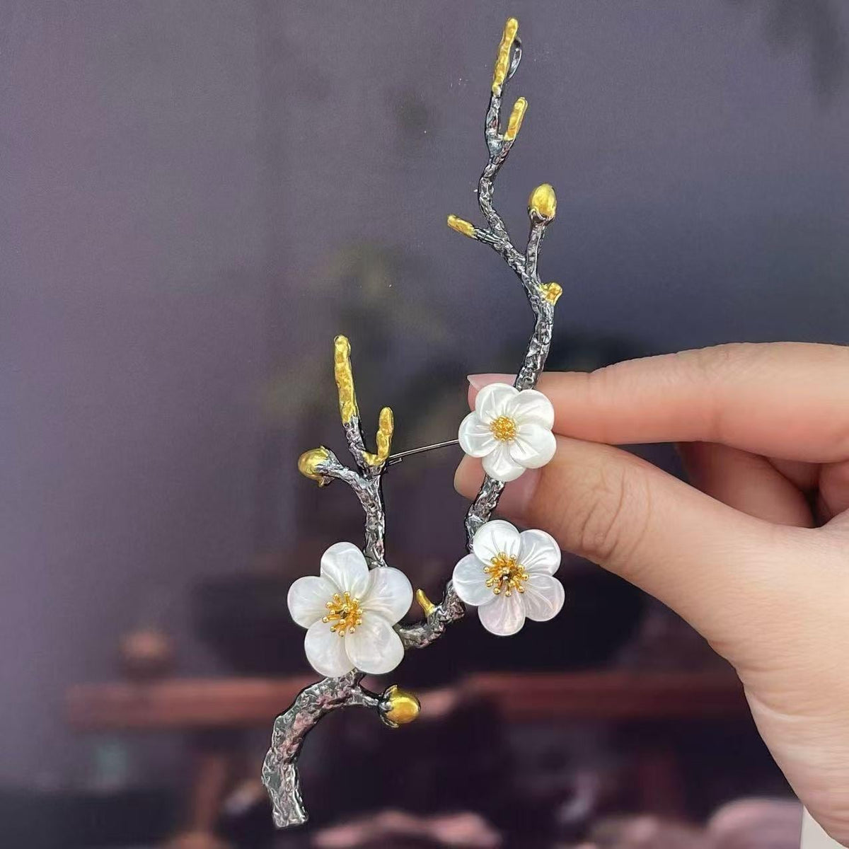 Morado Black Gold Branch Brooch • Gilt Copper, Mother of Pearl Flower