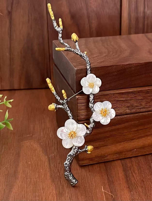 Morado Black Gold Branch Brooch • Gilt Copper, Mother of Pearl Flower