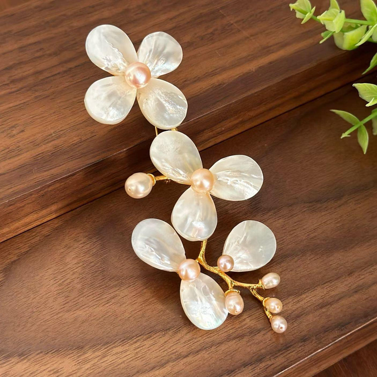 Morado copper-gilt vanilla flower brooch, inlaid with mother-of-pearl and pearls • Multi-wear design