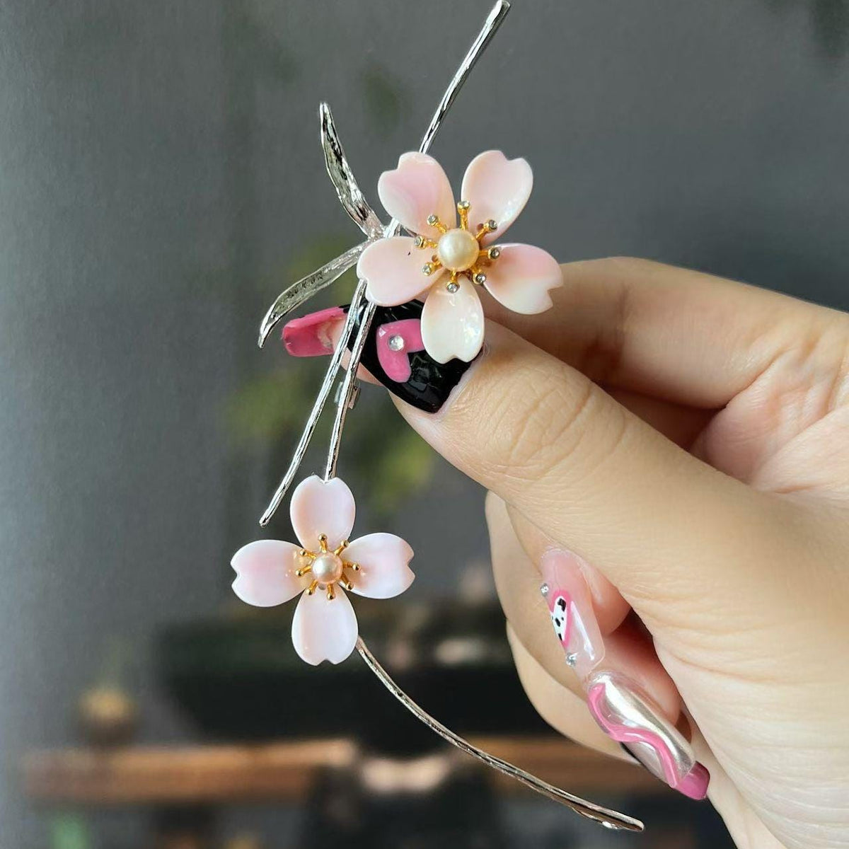 Morado Gold Plated Copper Floral Brooch, Pink Mother of Pearl Sakura Brooch