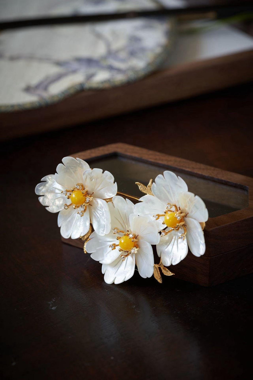 Morado Mother of Pearl Flower Brooch, Gold Plated Copper Plum Blossom Pin