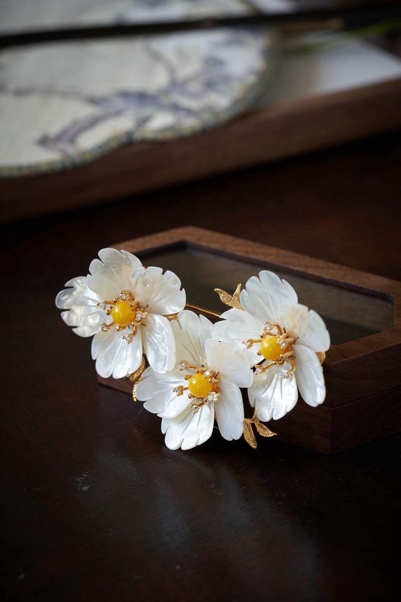 Morado Mother of Pearl Flower Brooch, Gold Plated Copper Plum Blossom Pin