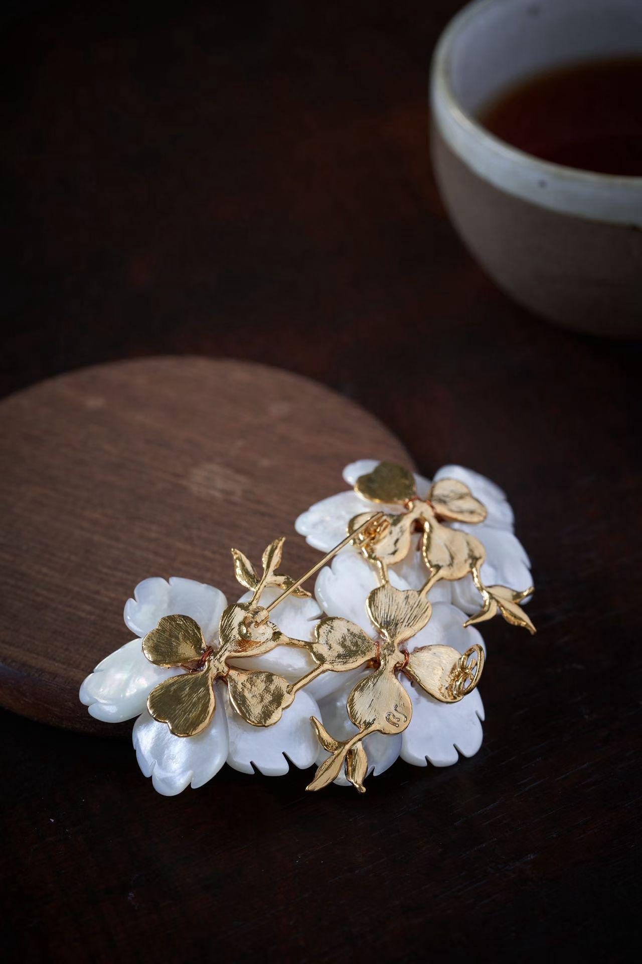 Morado Mother of Pearl Flower Brooch, Gold Plated Copper Plum Blossom Pin